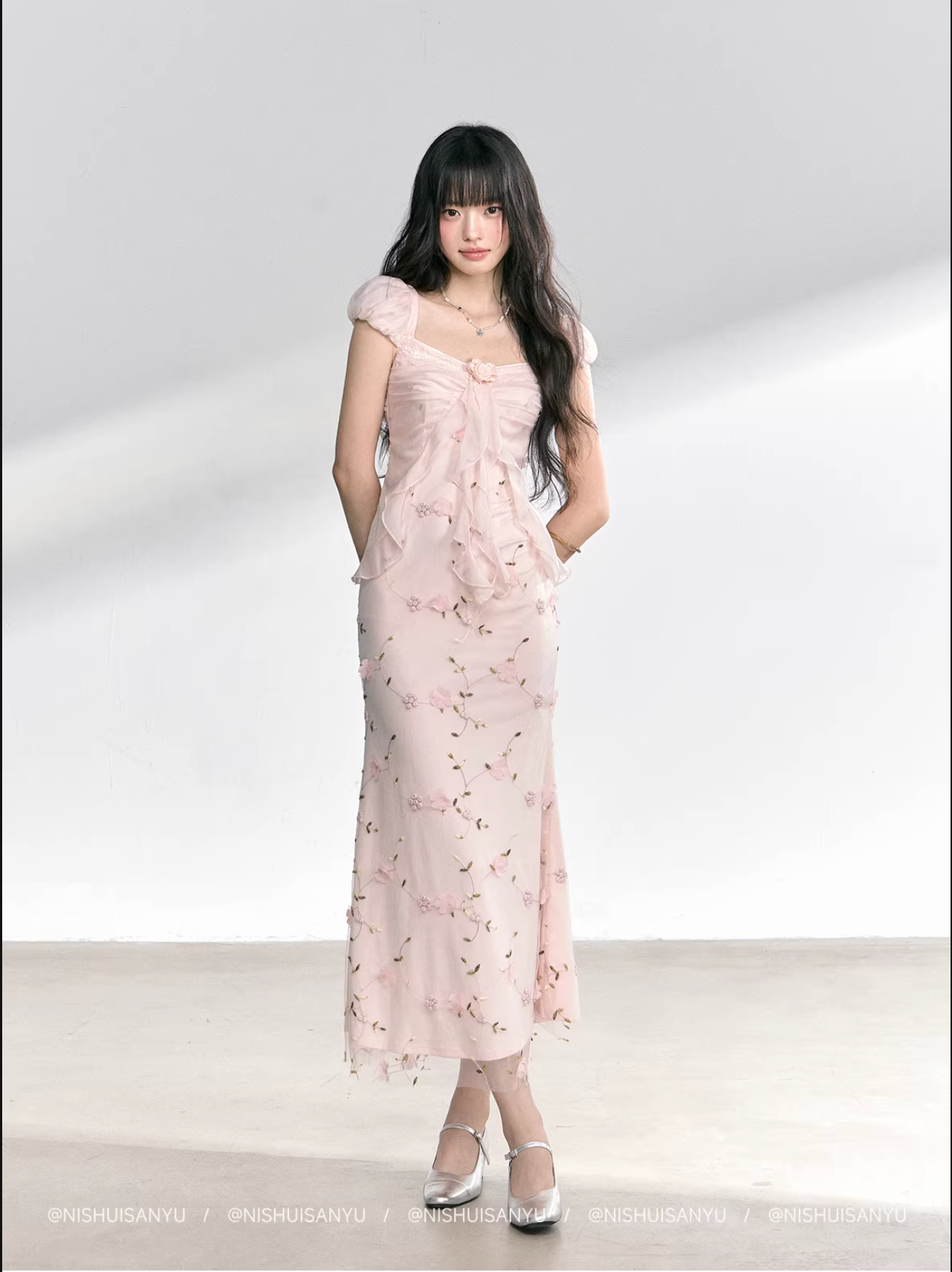 NSSY NSSY two-piece long dress with three drowned fish pattern, green, chiffon material, 3D floral pattern
