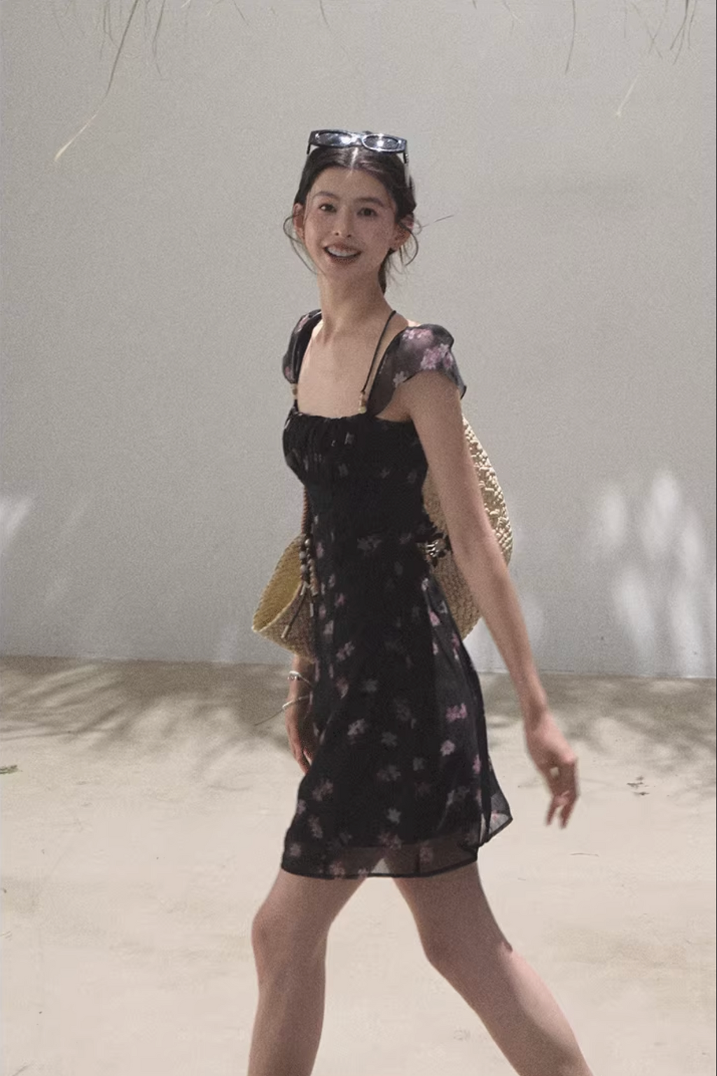 OAKMOO beaded halter-neck dress, fitted waist, unique floral print "My Own Moon"