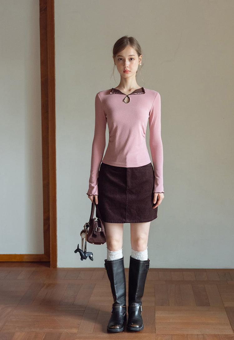 EGGKA Women's long-sleeved V-neck T-shirt with colored trim, new autumn design, slim fit, elegant waistline (sale)