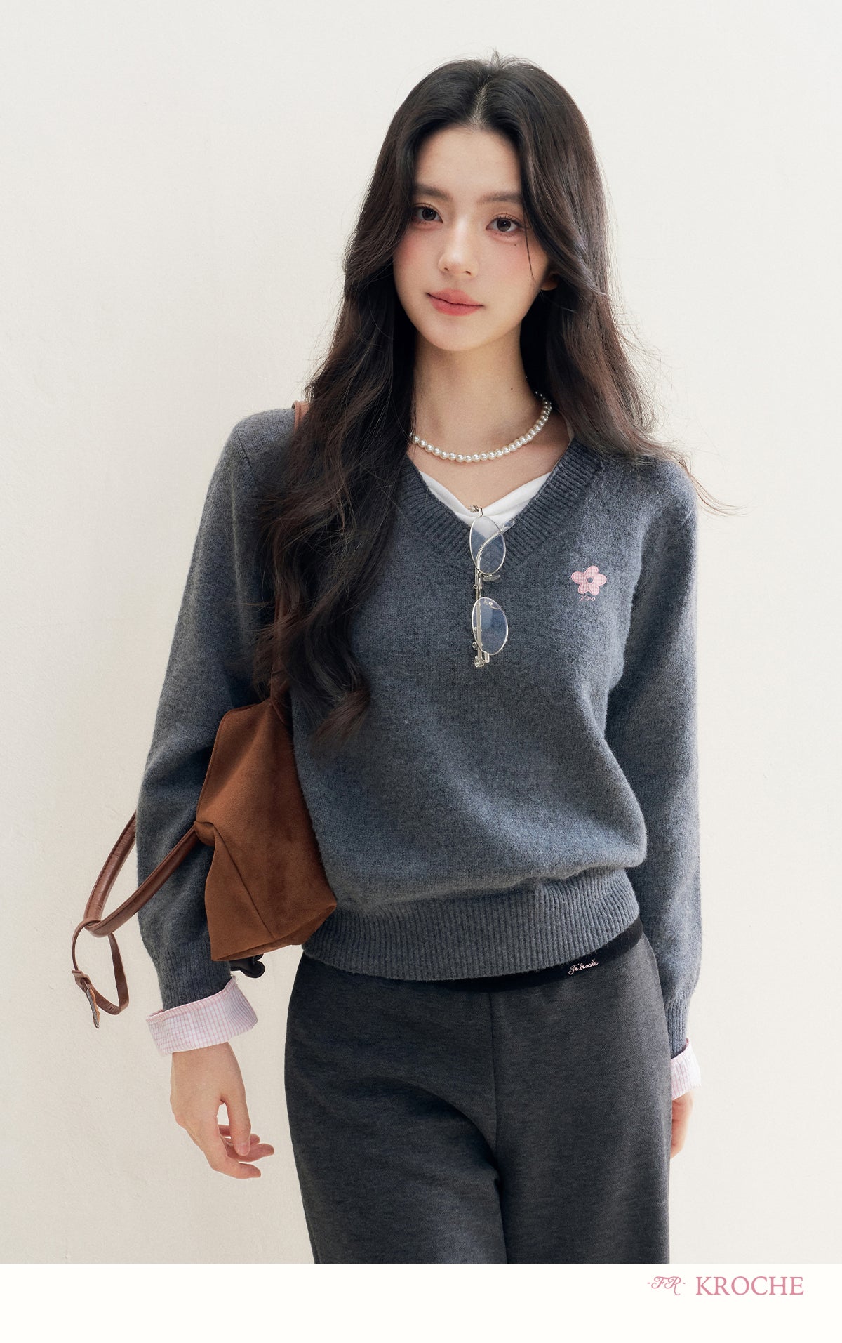 kroche 25AW two piece grey wool blend patchwork v neck sweater with bow