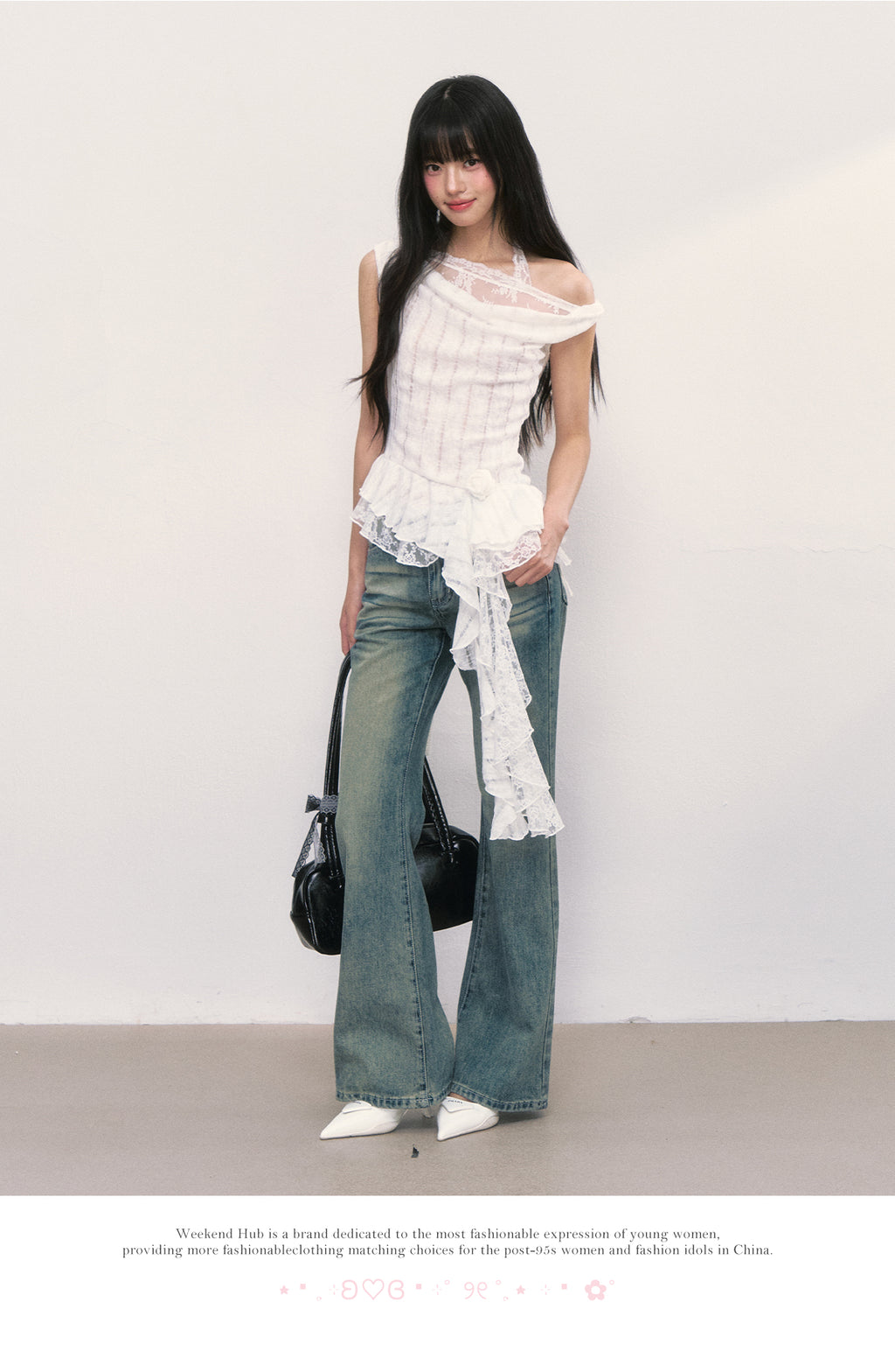 WEEKENDHUB Women's White French Lace Top, High-end Summer Off-the-Shoulder Short Sleeve Design with Asymmetrical Shoulders