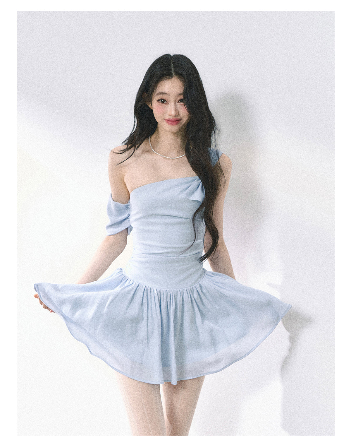 Women's Summer French Style High Quality Off-the-Shoulder Dress with Slim Waist and Short Skirt in Blue Shaoyeyan