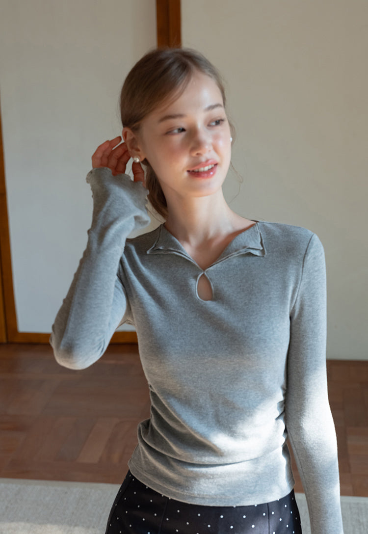 EGGKA Women's long-sleeved V-neck T-shirt with colored trim, new autumn design, slim fit, elegant waistline (sale)