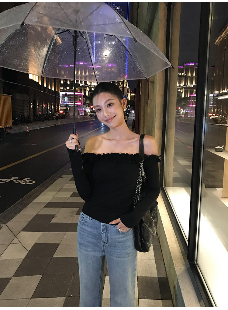 PUSUMEDE 3D rose pattern one-shoulder long-sleeved T-shirt for women, body-hugging design
