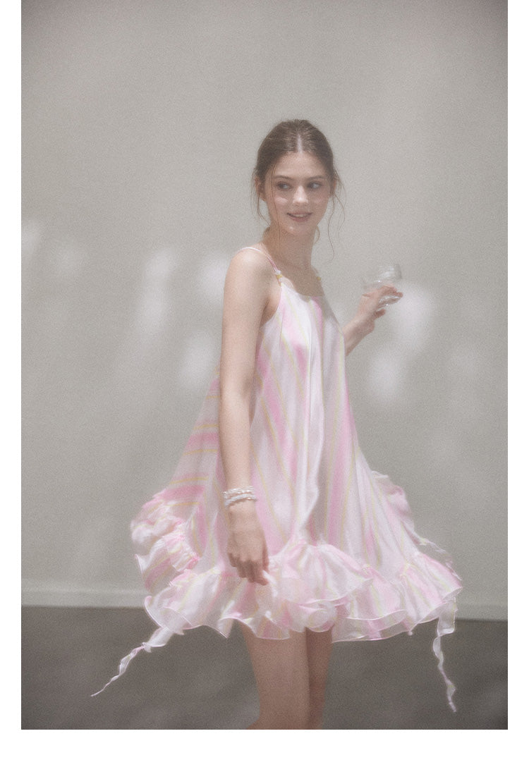 "Liuli Tangyu" Short, ruffled pinafore dress in a resort style, featuring a neon ombre Callmelater design.