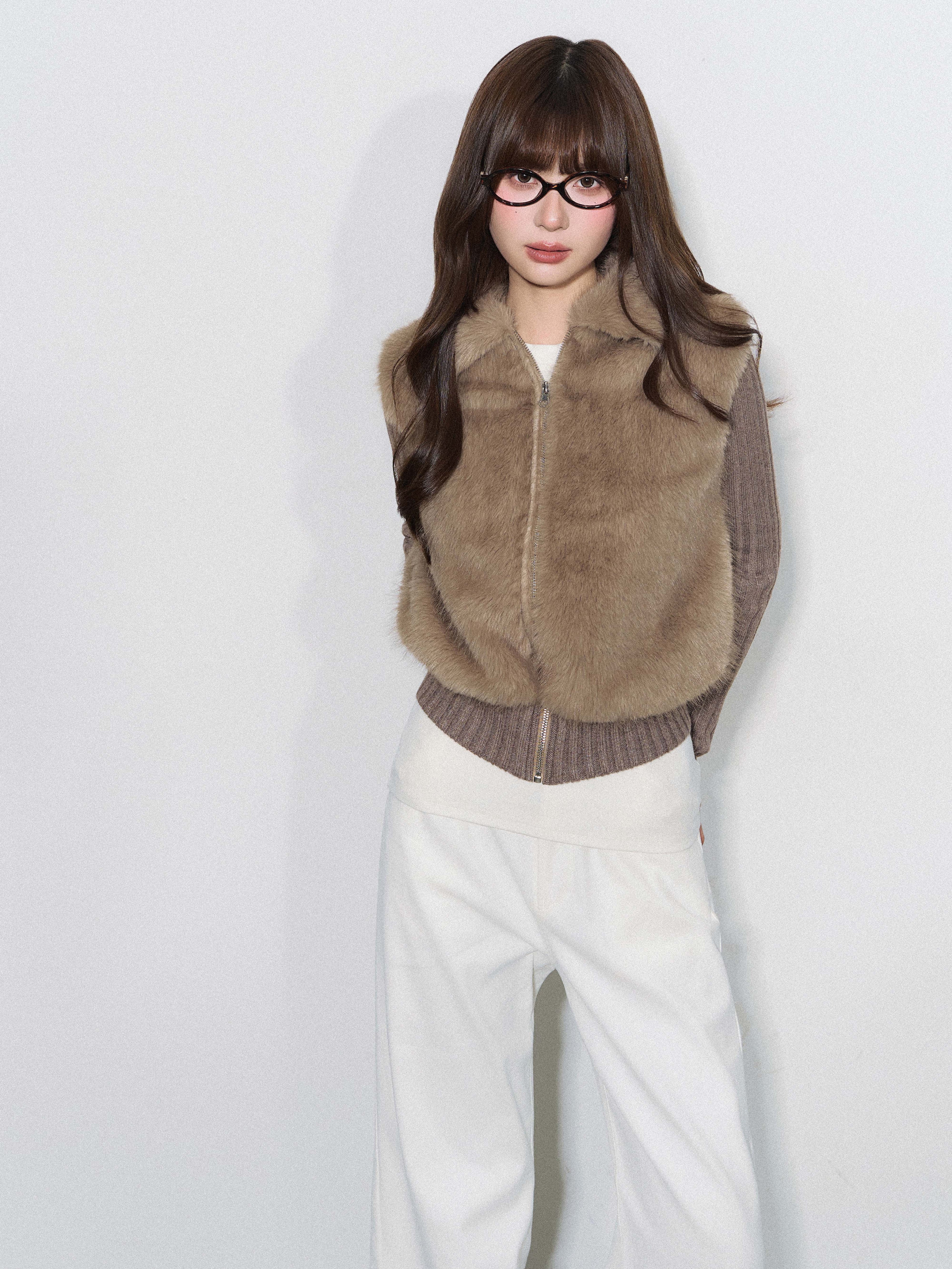 CYNI 【Caramel Afternoon】Millard Retro Plush Patchwork Short Two-Piece Faux Fur Coat for Women