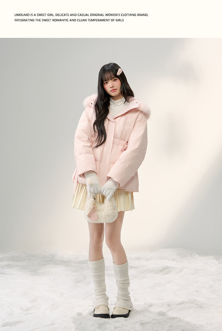 UMOUMO [90% White Duck Down] Mushroom Sweet Waist Slimming Two-Way Placowork Patchwork Down Jacket with Hood and Detachable Fur Collar