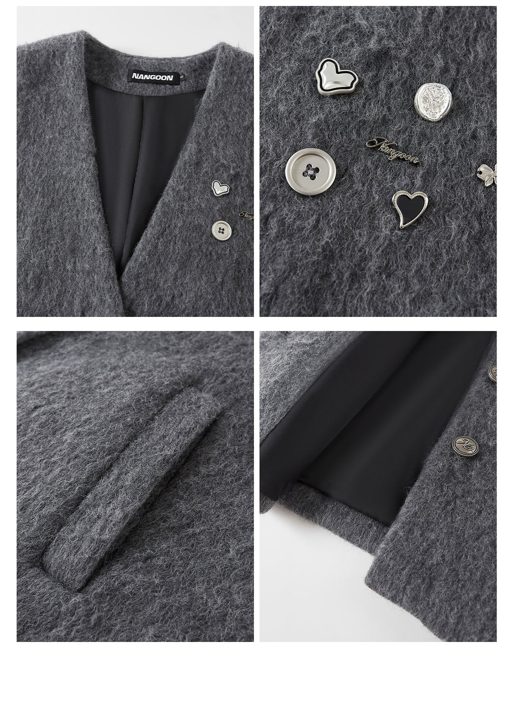 NANGOON Women's unique design loose fitting winter gray wool coat, versatile