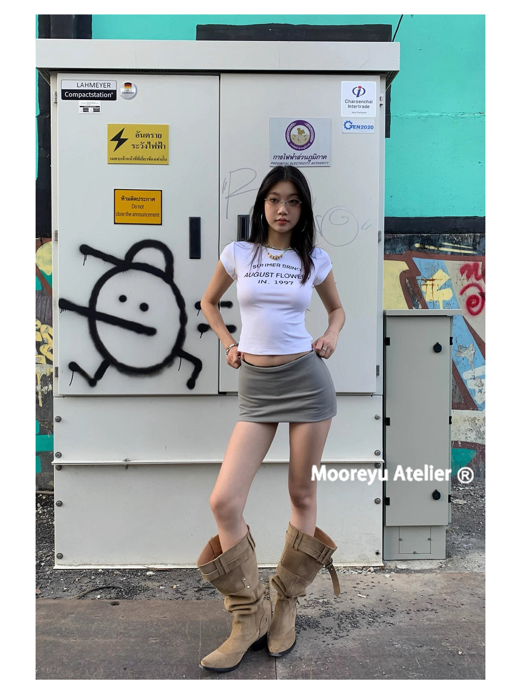 MOOREYU Women's knee high boots autumn winter 2025 women's khaki suede pointed toe boots thick heel thin pleated boots