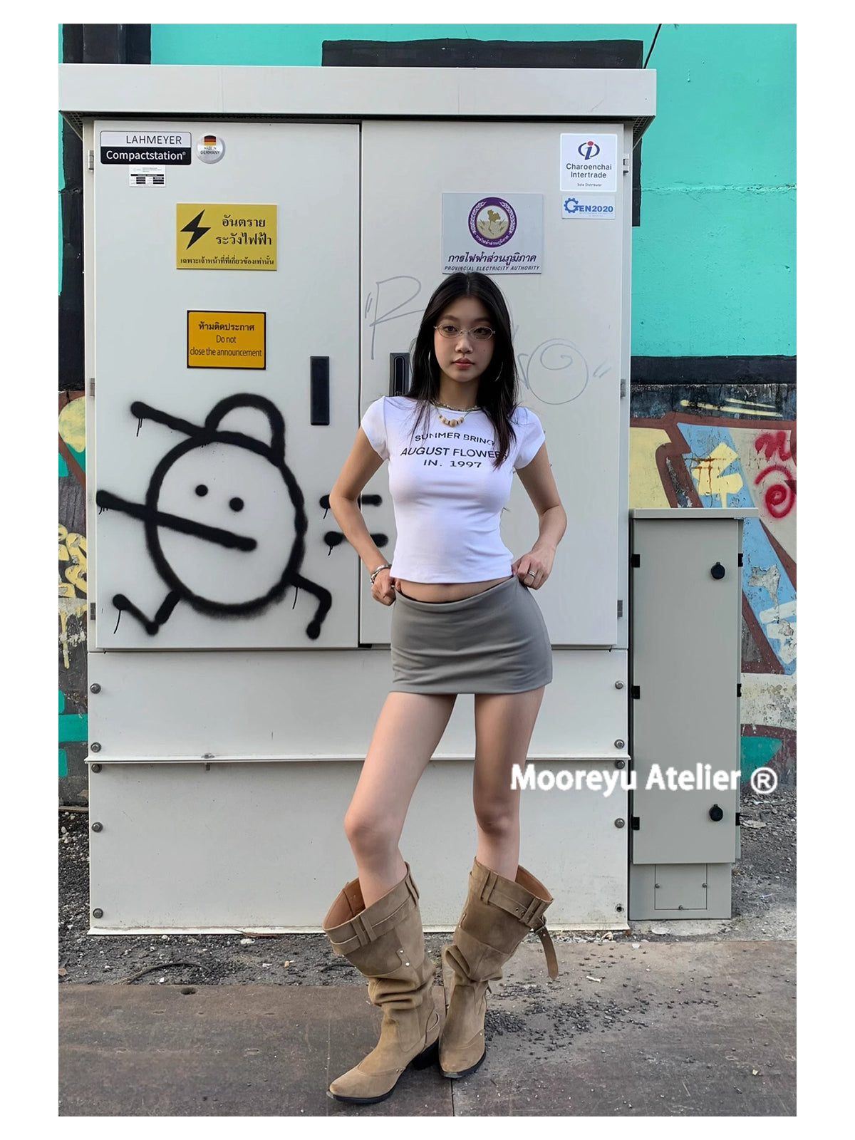 MOOREYU Women's knee high boots autumn winter 2025 women's khaki suede pointed toe boots thick heel thin pleated boots