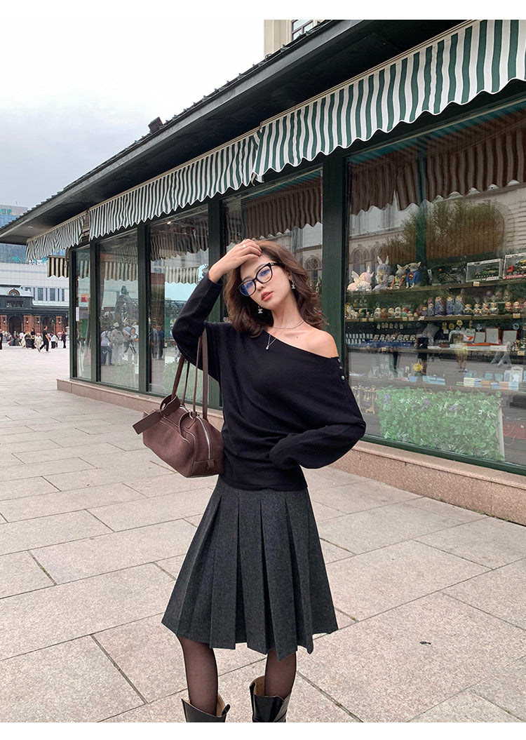 Pusumede one shoulder long sleeve sweater original color temperament female design cross shoulder t-shirt