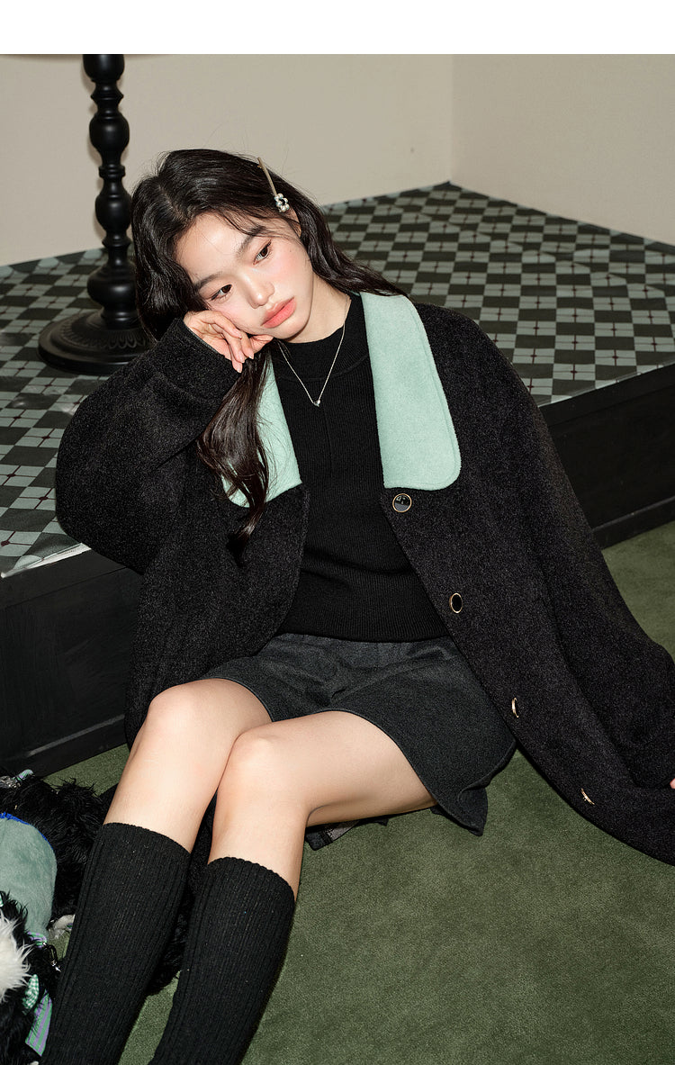 KOUSE Women's 2025 New Autumn Winter Classic Medium-Long Woolen Coat Black and Gray