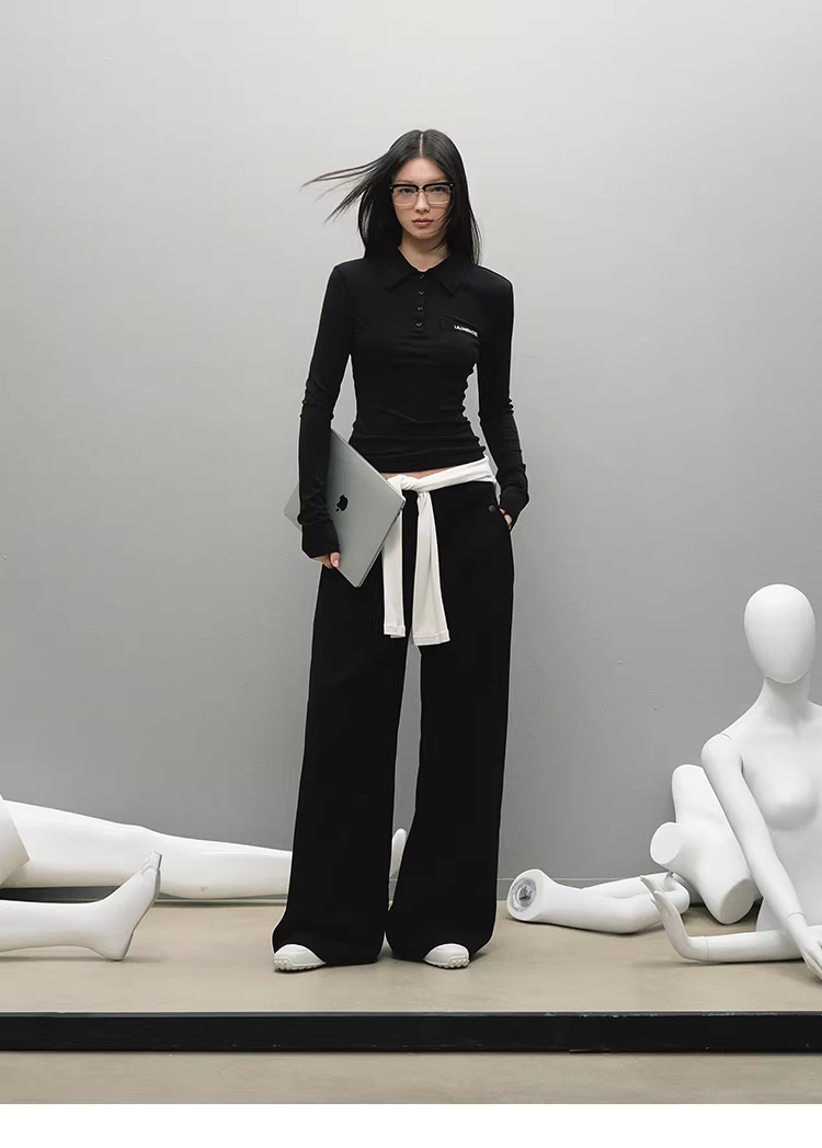 LaluneDuCiel women's plain polo shirt, casual style, elegant, simple, slim fit, long sleeves, suitable for early autumn.