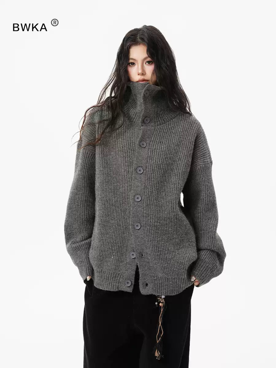 BWKA Men's and Women's Autumn and Winter Classic American Style Button-down Turtleneck Cardigan, High-end Knitted Wool Coat Loose and Comfortable