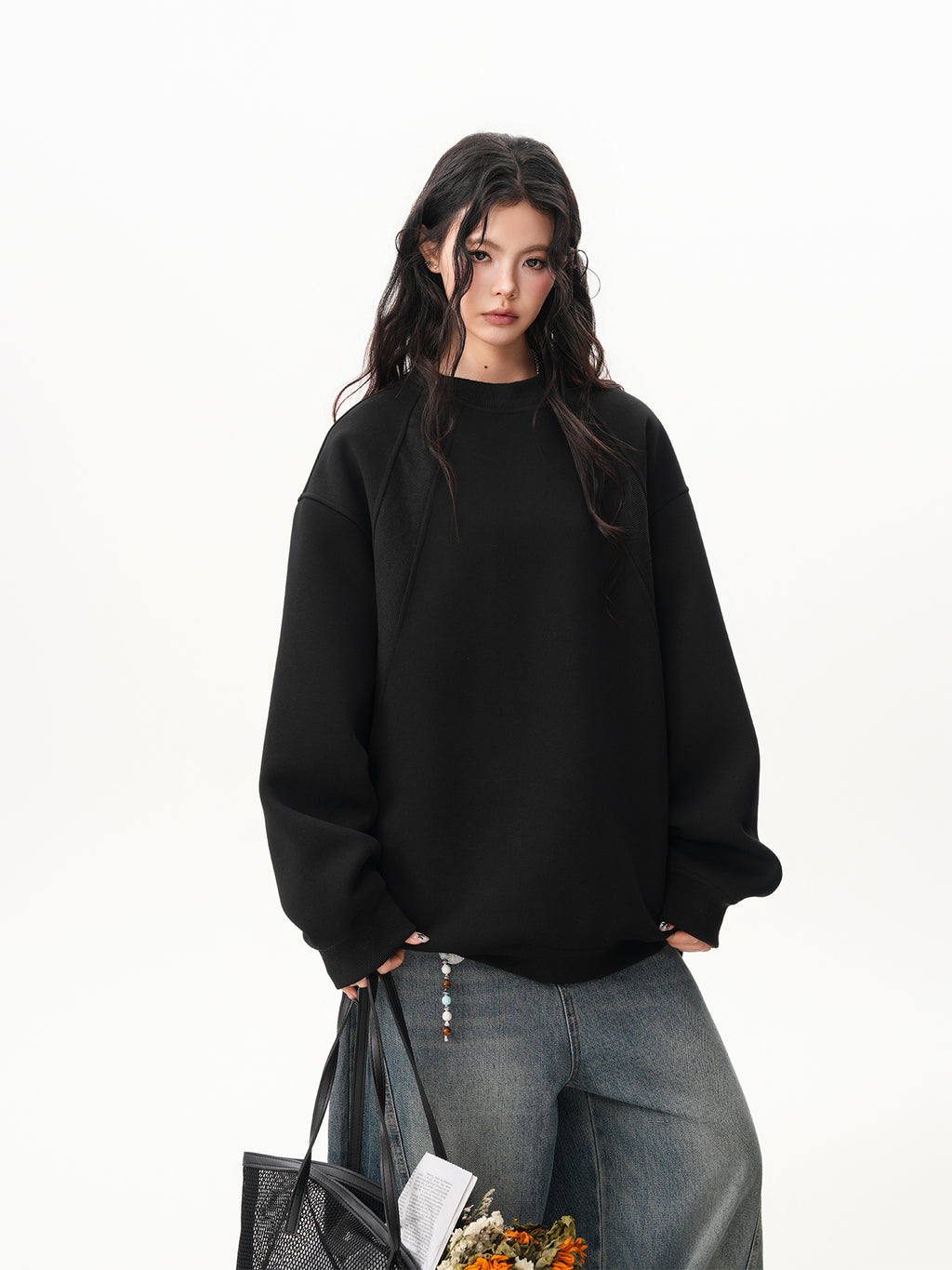 BWKA Thick cotton round neck sweatshirt, stitching for men and women, premium solid color t-shirt, loose fit, casual for couples