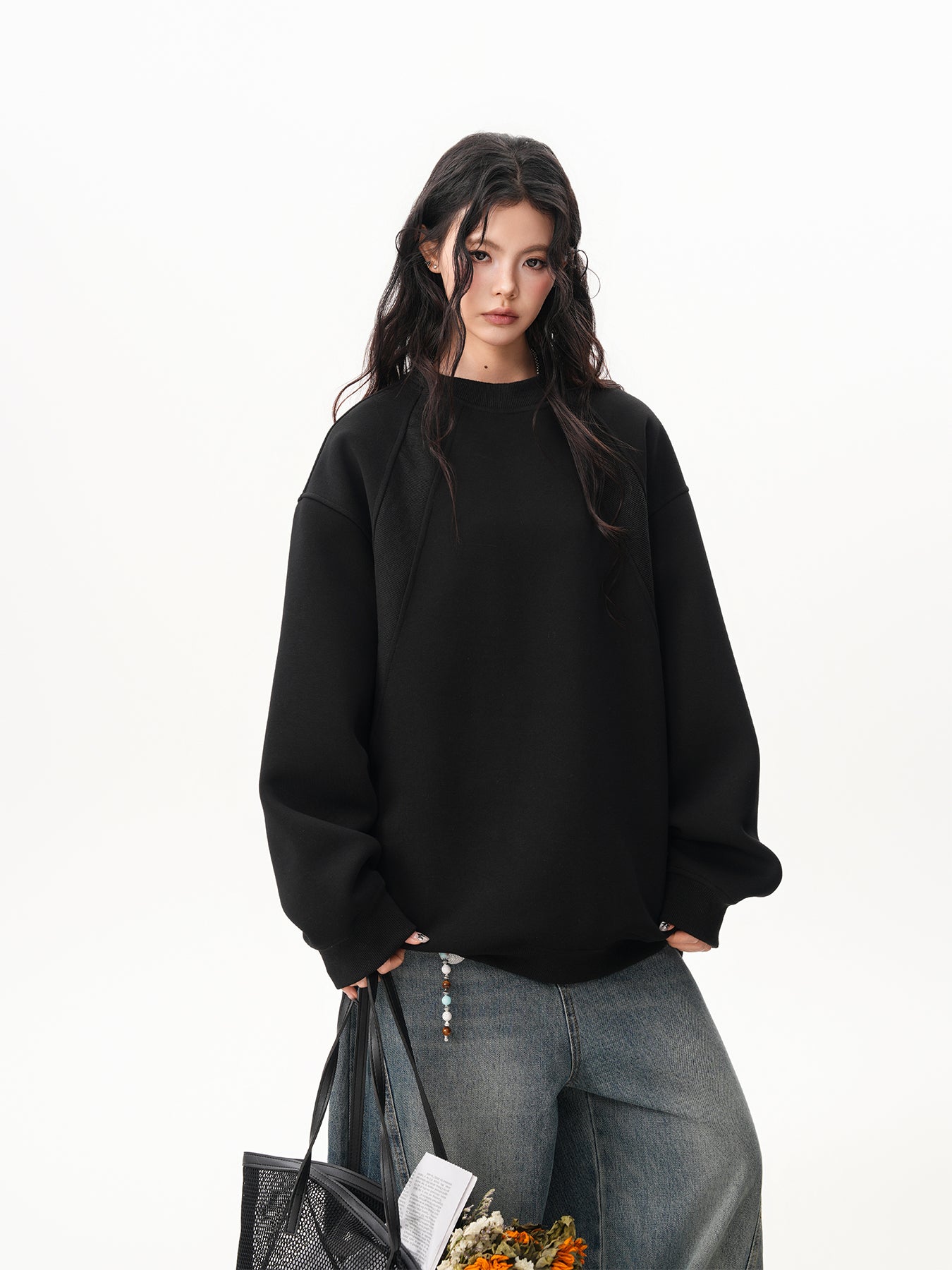 BWKA Thick cotton round neck sweatshirt, stitching for men and women, premium solid color t-shirt, loose fit, casual for couples