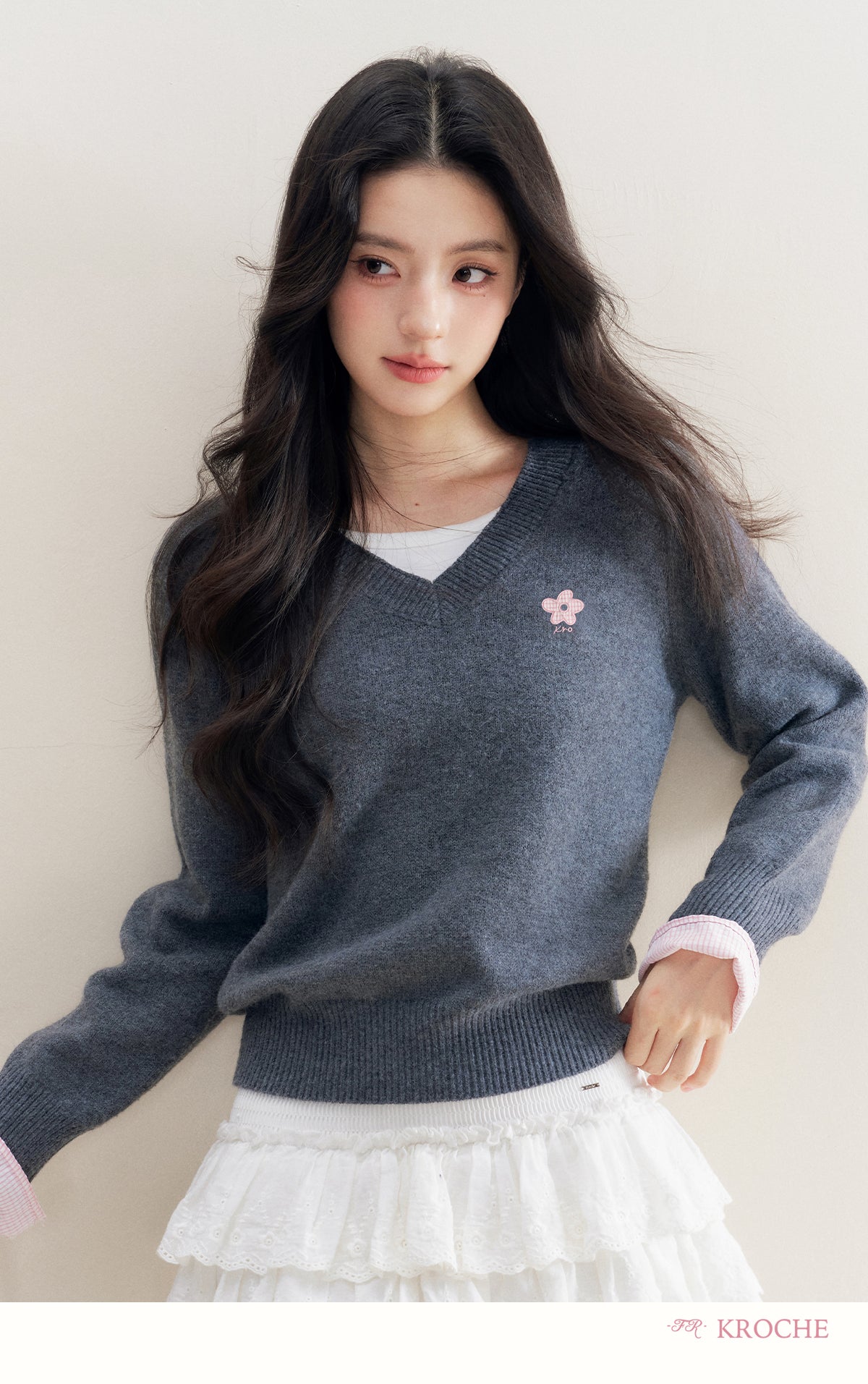 kroche 25AW two piece grey wool blend patchwork v neck sweater with bow