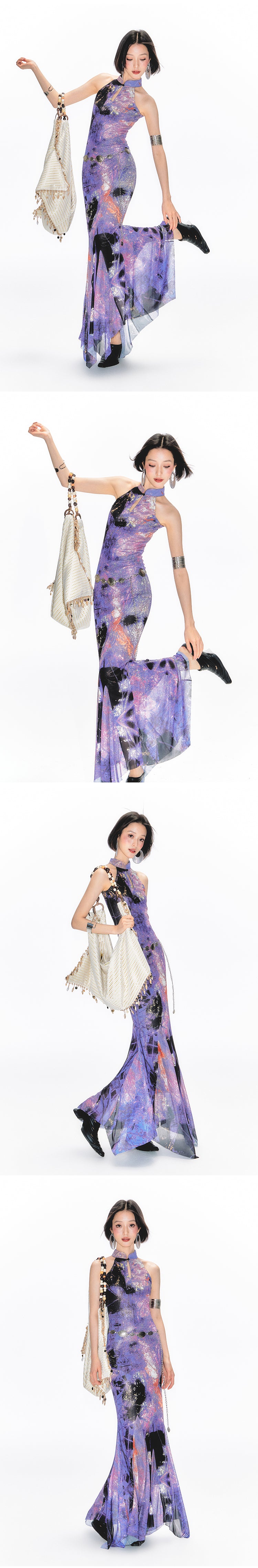 Yang Erdameng Original Chinese Style Purple Printed Sleeveless Halter Collar Cheongsam Dress for Women New Style Stand Collar Long Dress