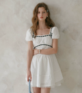 ISISLOVE Women's French bow short puff sleeve dress, white mesh summer dress made of embroidered pure cotton, fitted waist.