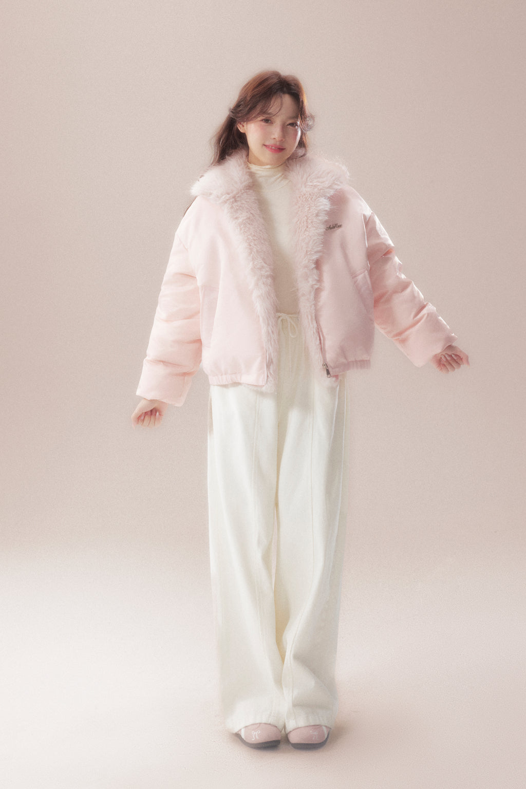 AOORAA 【Winter New Arrival】Original Design Patchwork Fleece Jacket "Cherry Blossom Snow"