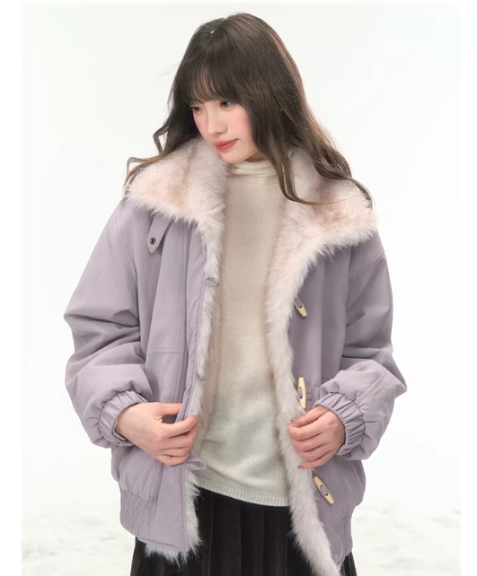 CANSTOREGIRLS Canned Goods 'Caramel Taro Milk Puff' stand-collar winter coat with horn buttons, made of cotton and PU leather, short style.
