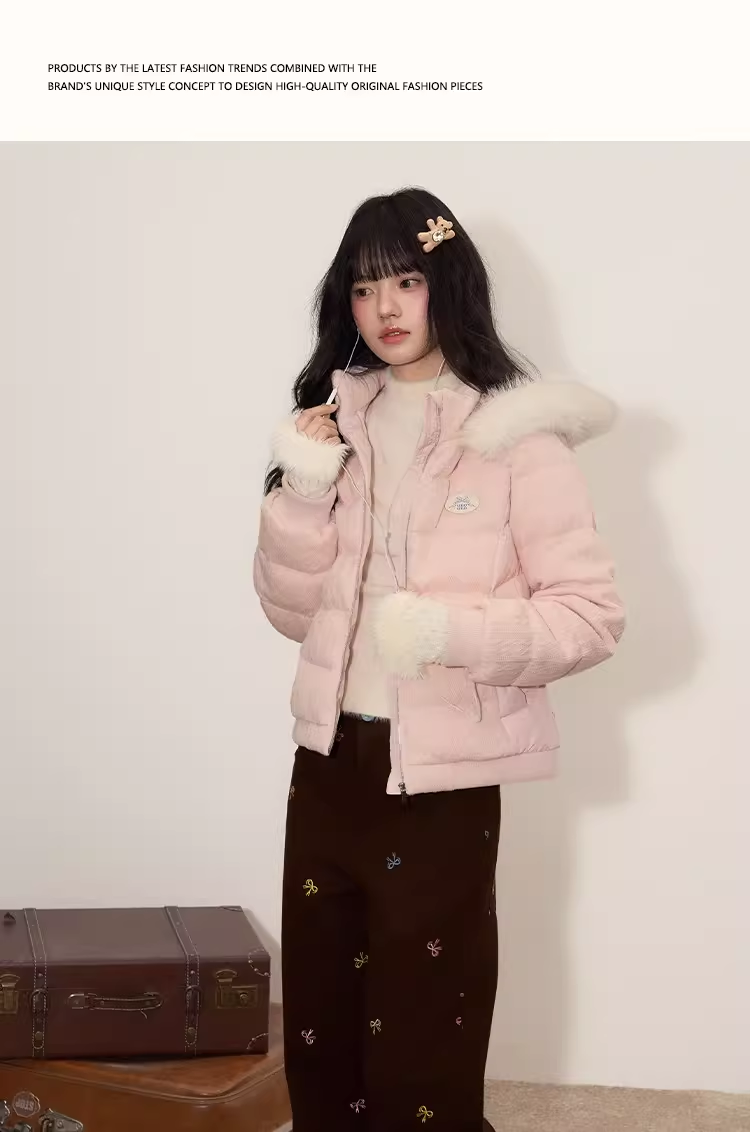 UMOUMO [90% white duck down] Soft and versatile Mushroom down jacket, cable knitted, multi-piece combination, hood, fur collar, slim waist.
