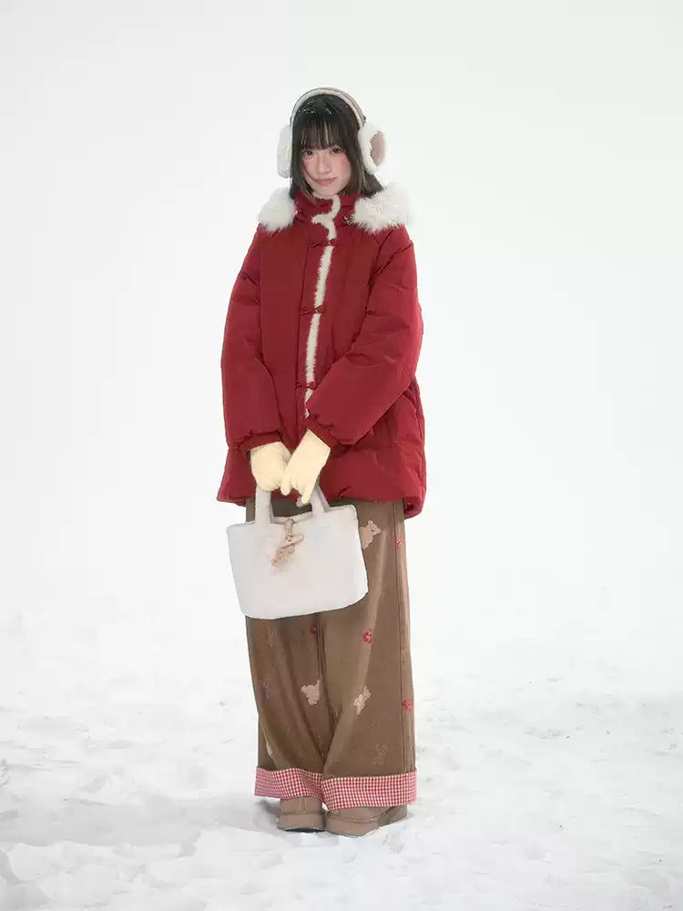 CANSTOREGIRLS New Winter Box Shop Christmas Women's Red Fur Collar Hooded Warm Coat 90% White Duck Down Coat