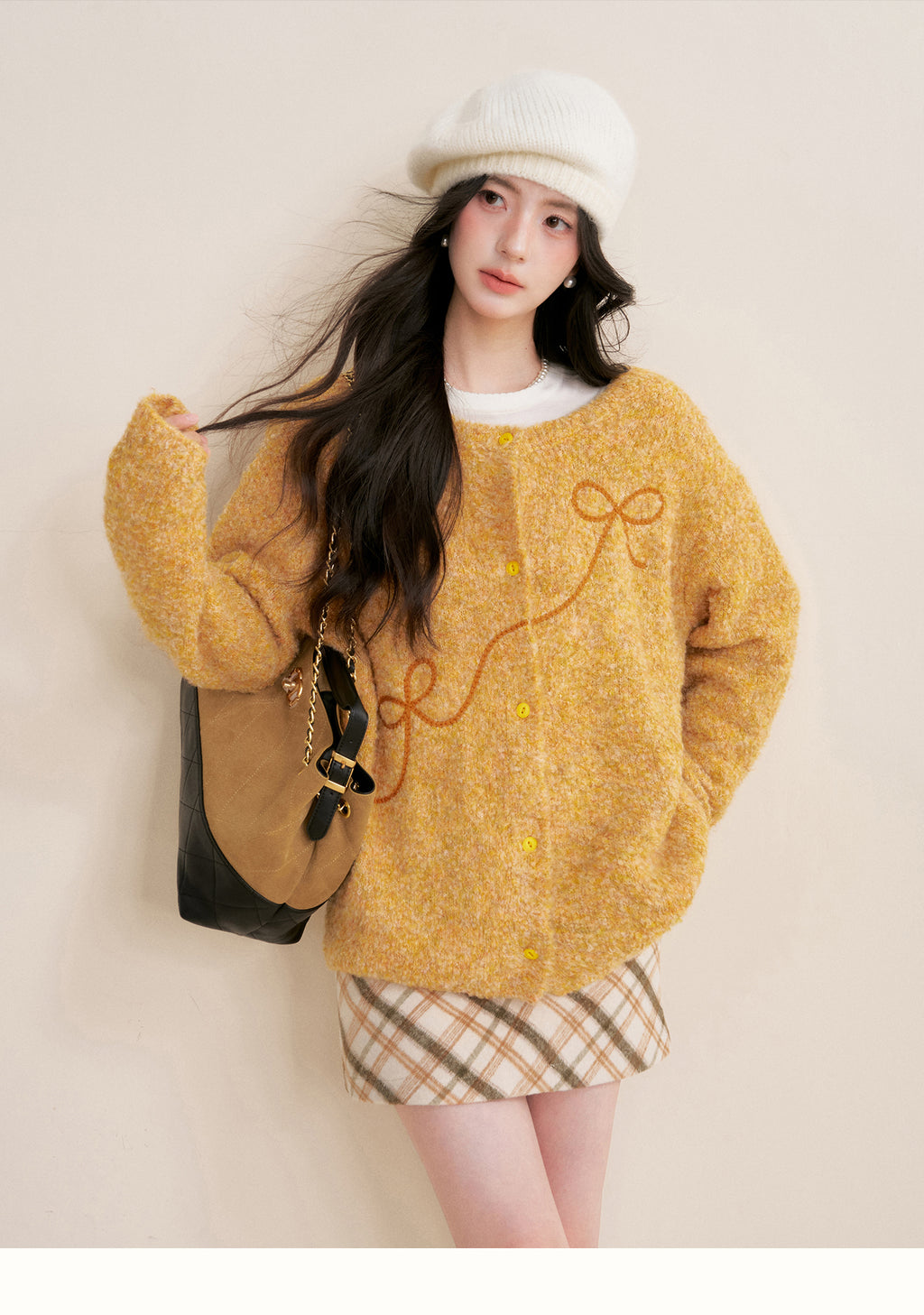 KROCHE Sunset Fluffy 25aw Thick Floral Bow Embroidered Cardigan