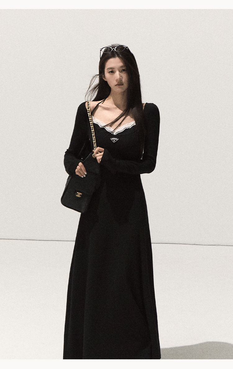 OAKMOO Black Two-piece Long Sleeve Faux Lace Halter Neck Waist Tie Dress, Autumn/Winter Long Dress with Waist Tie