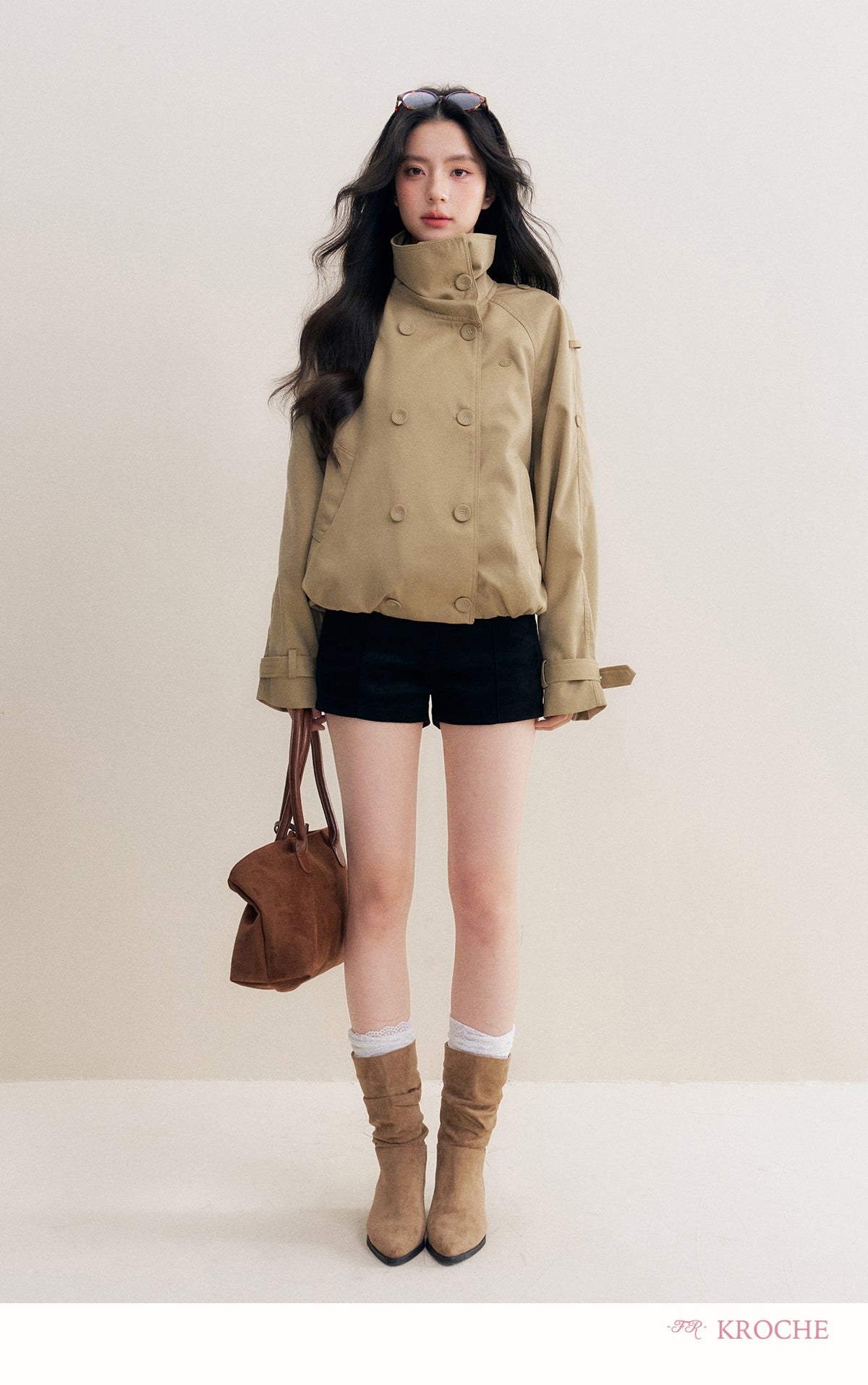 KROCHE Loose-fitting short trench coat, large lapels, double-breasted, loose-fitting, comfortable