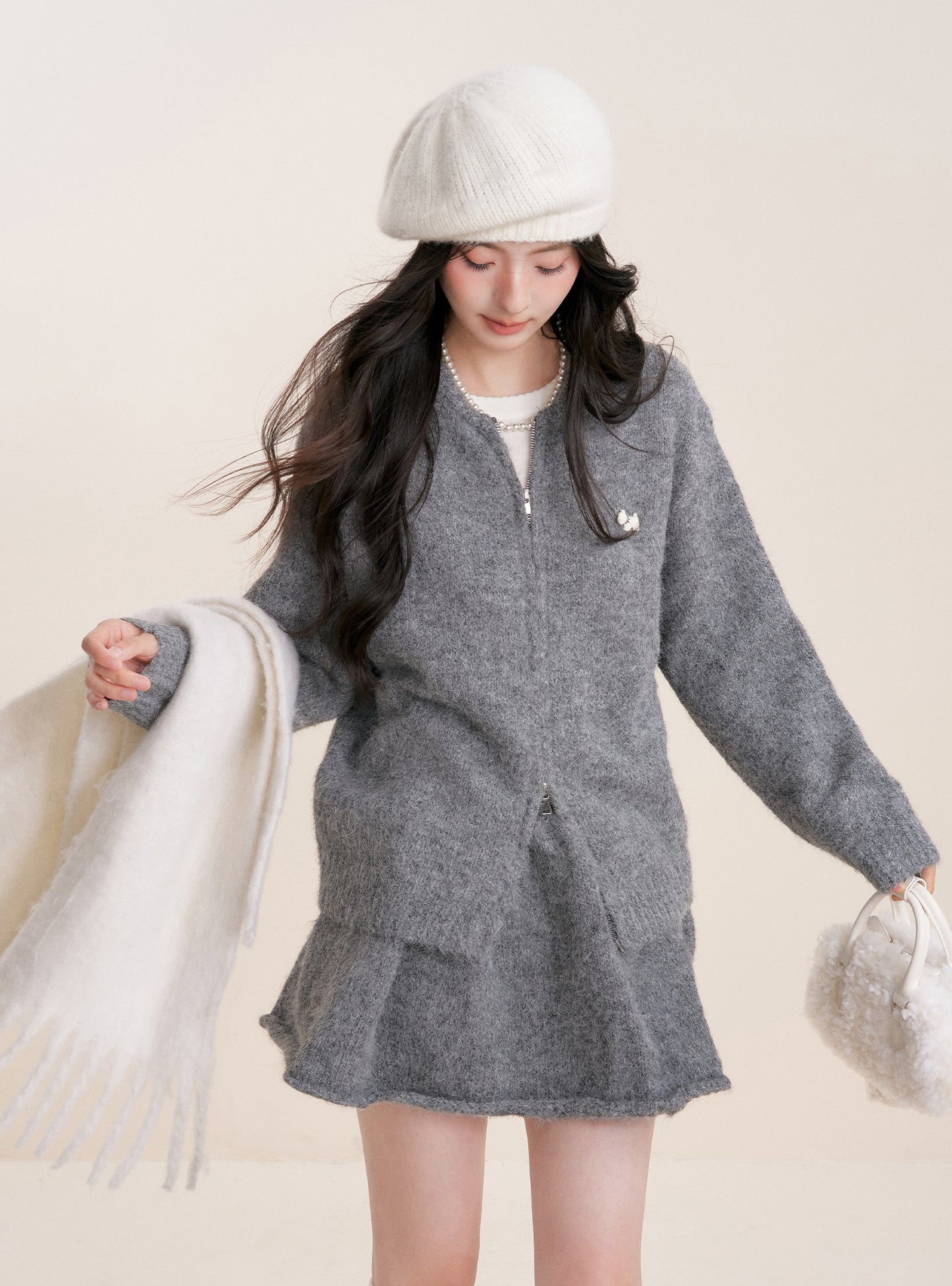 KROCHE Winter Warm A-line Cardigan Sweater Set Gray Double Zipper for Puppy 25aw