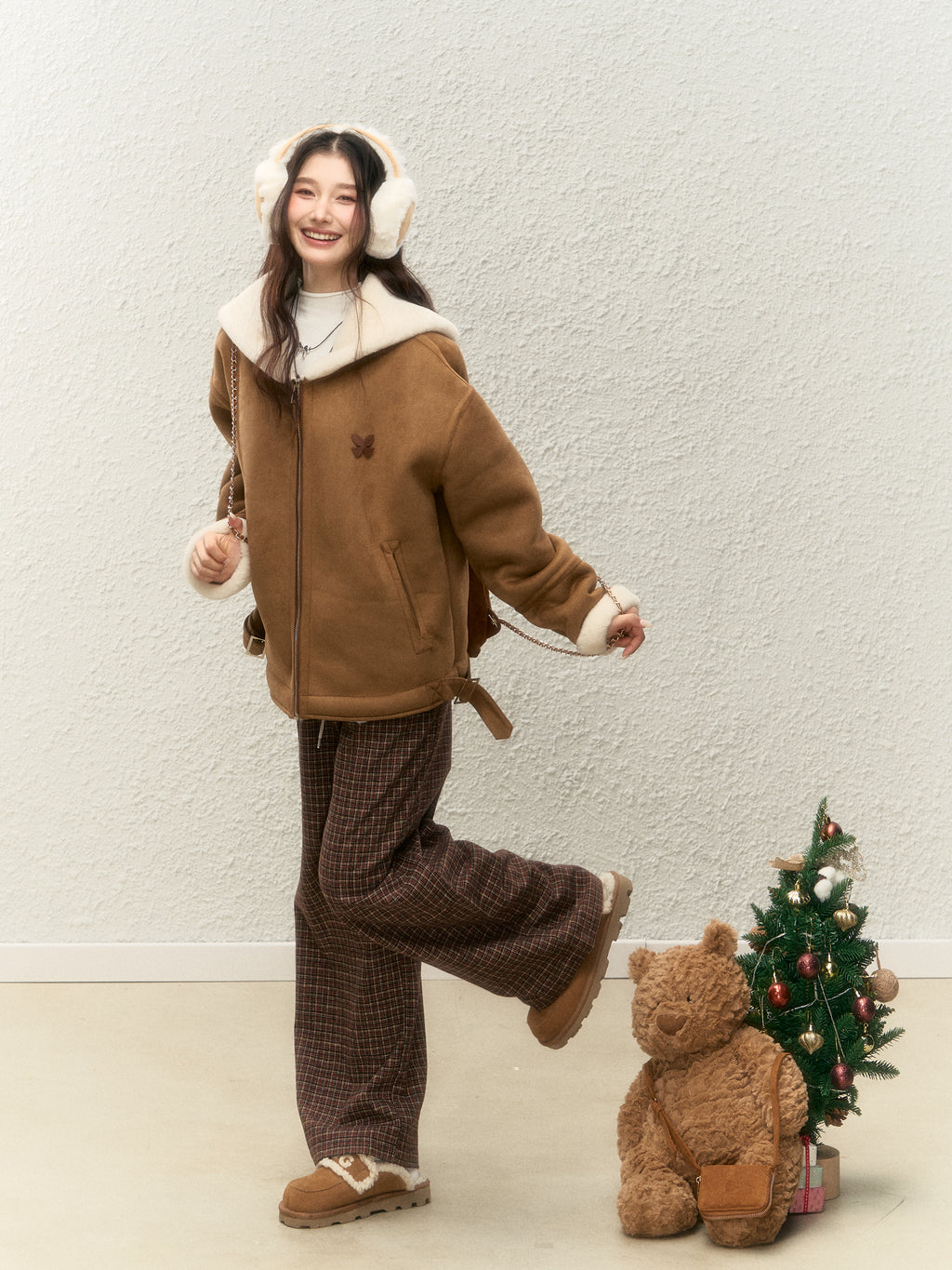 Women's winter warm thick fur coat, warm fur collar, top designed with suede ELEVEN SLEEP