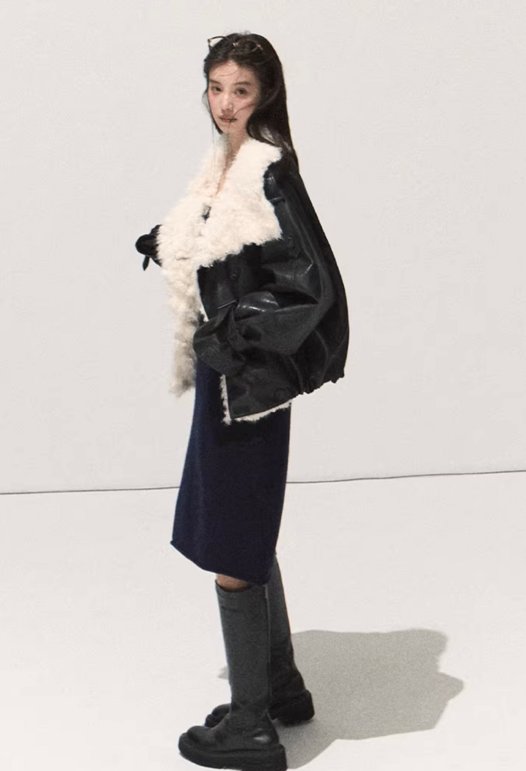OAKMOO OAKMOO Short Fleece Leather Jacket / "A Night Under the Osmanthus Tree" for Women, Thick Lapel Collar Parka for Winter