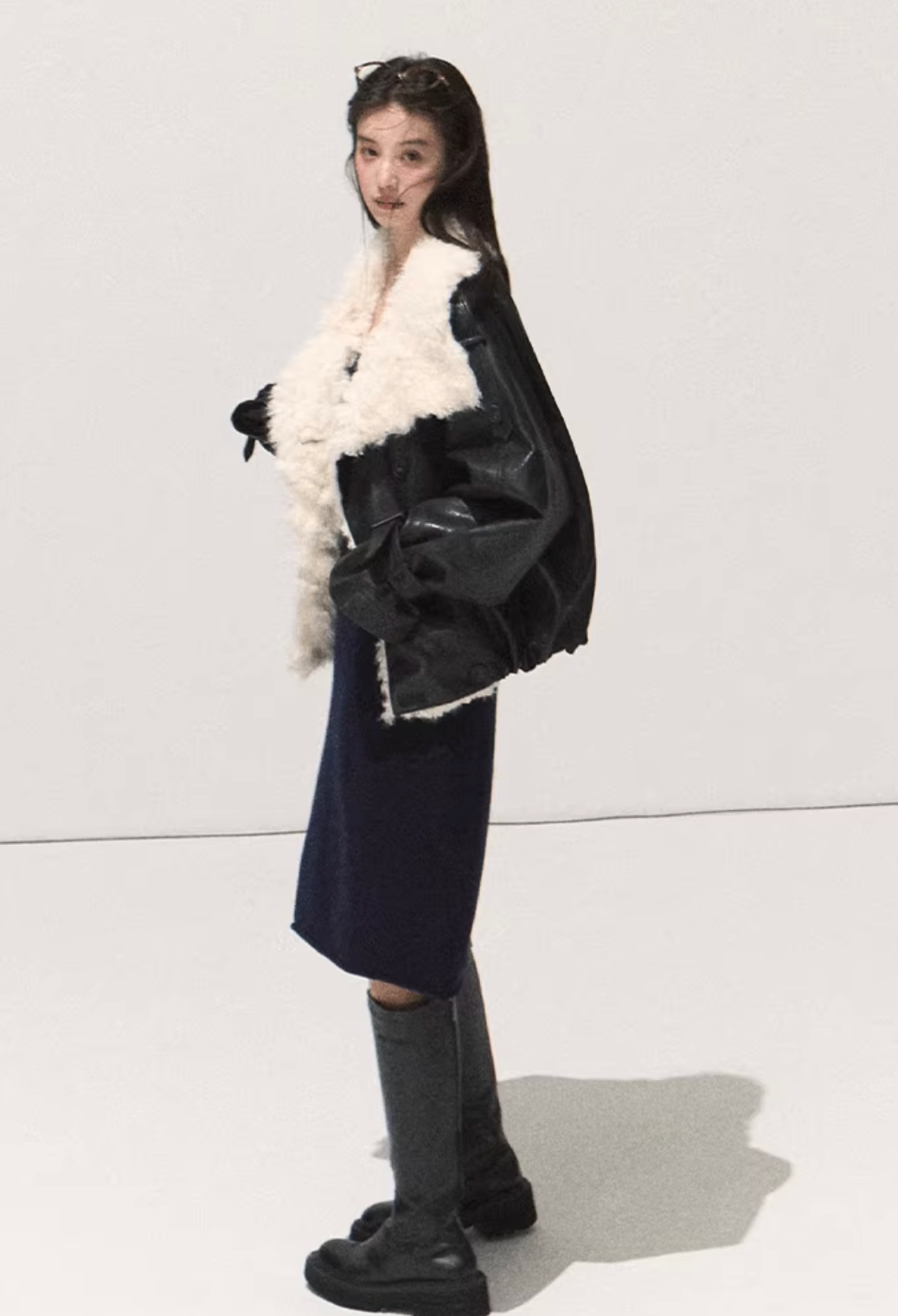 OAKMOO OAKMOO Short Fleece Leather Jacket / "A Night Under the Osmanthus Tree" for Women, Thick Lapel Collar Parka for Winter