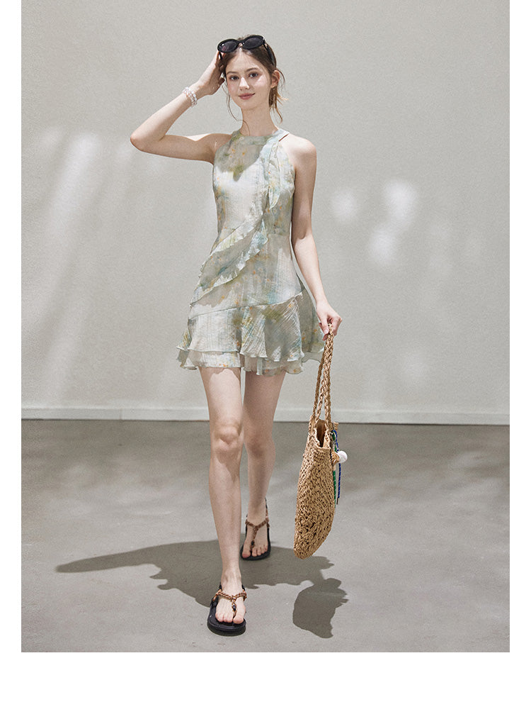 "Monet's ink painting" Callmelater sleeveless tencel halter neck dress with lace trim for the holiday season