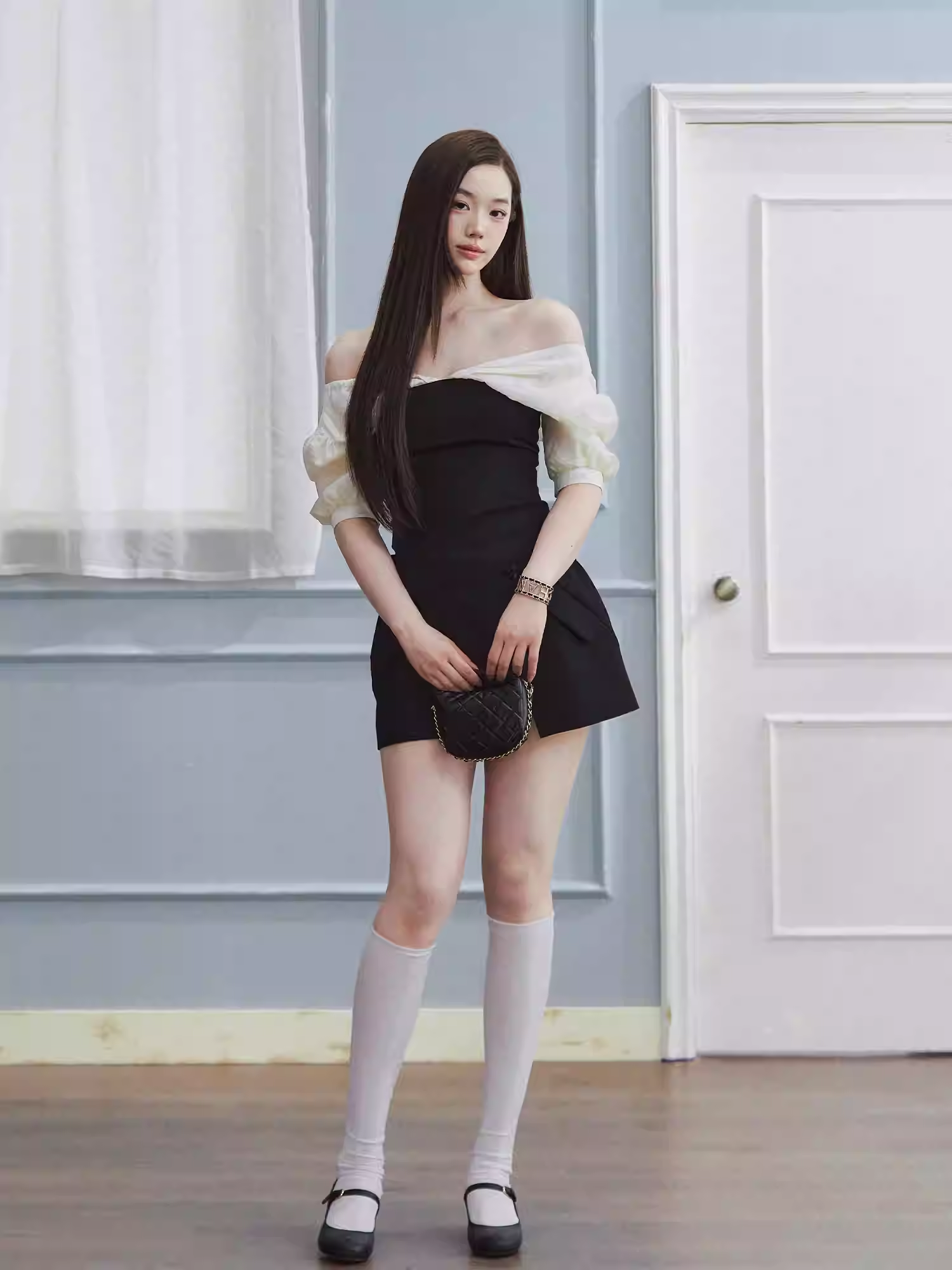 LaLuneDuCiel Two-piece shirt without shoulder straps, puffed sleeves, tight fit, sweet and gentle design for women