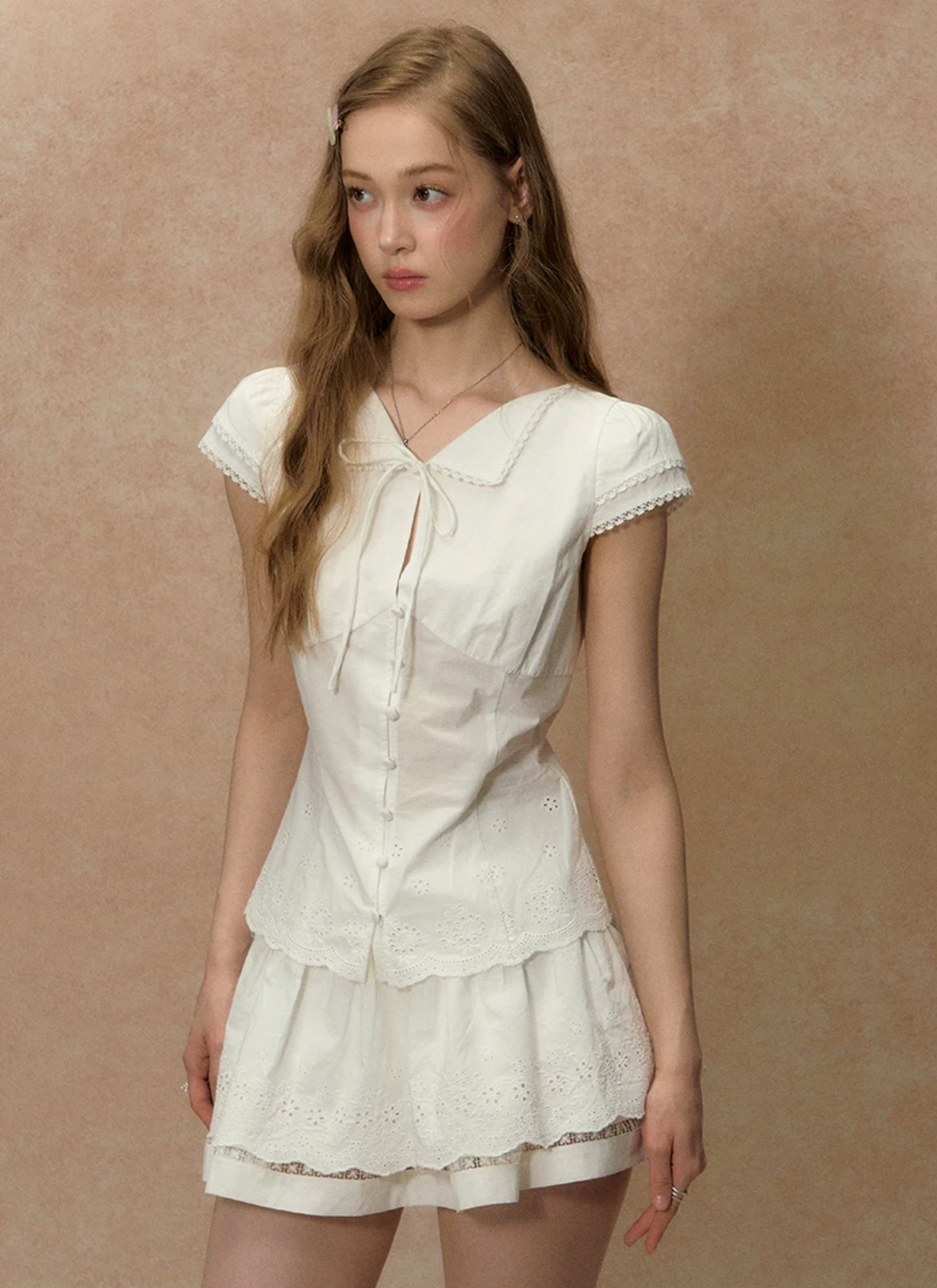 LOLOL "Kite and Wind" white midi skirt for women, summer style, pleated, hole cutout, petite silhouette, lace trim, short skirt