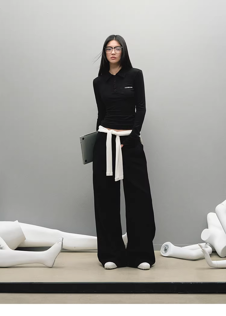 LaluneDuCiel women's plain polo shirt, casual style, elegant, simple, slim fit, long sleeves, suitable for early autumn.