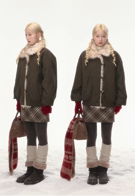 CANSTOREGIRLS Canned Goods 'Caramel Taro Milk Puff' stand-collar winter coat with horn buttons, made of cotton and PU leather, short style.