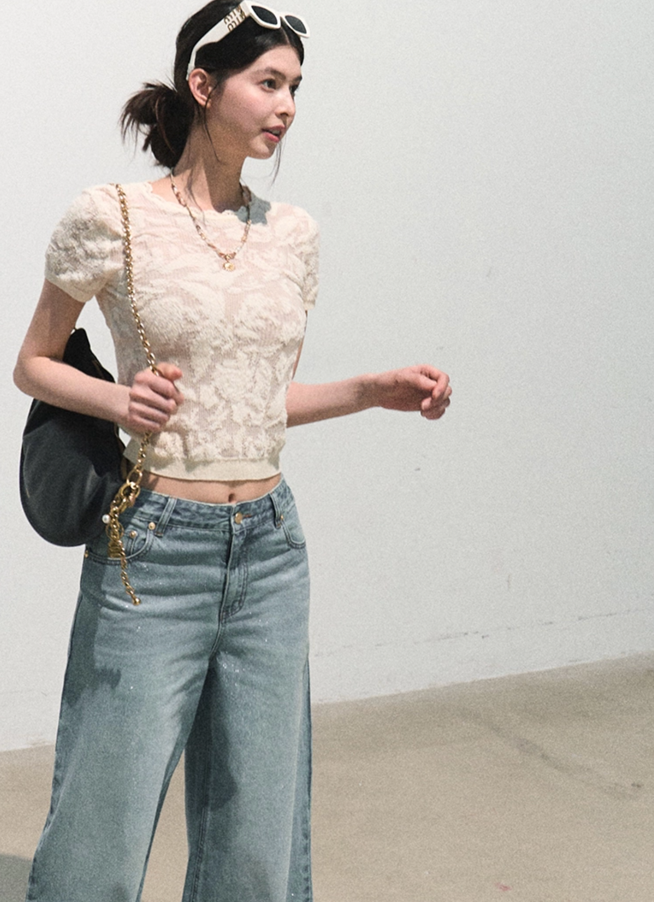 OAKMOO / "Two Summers" Bohemian organza jacquard short-sleeve knitted t-shirt with hollow out top