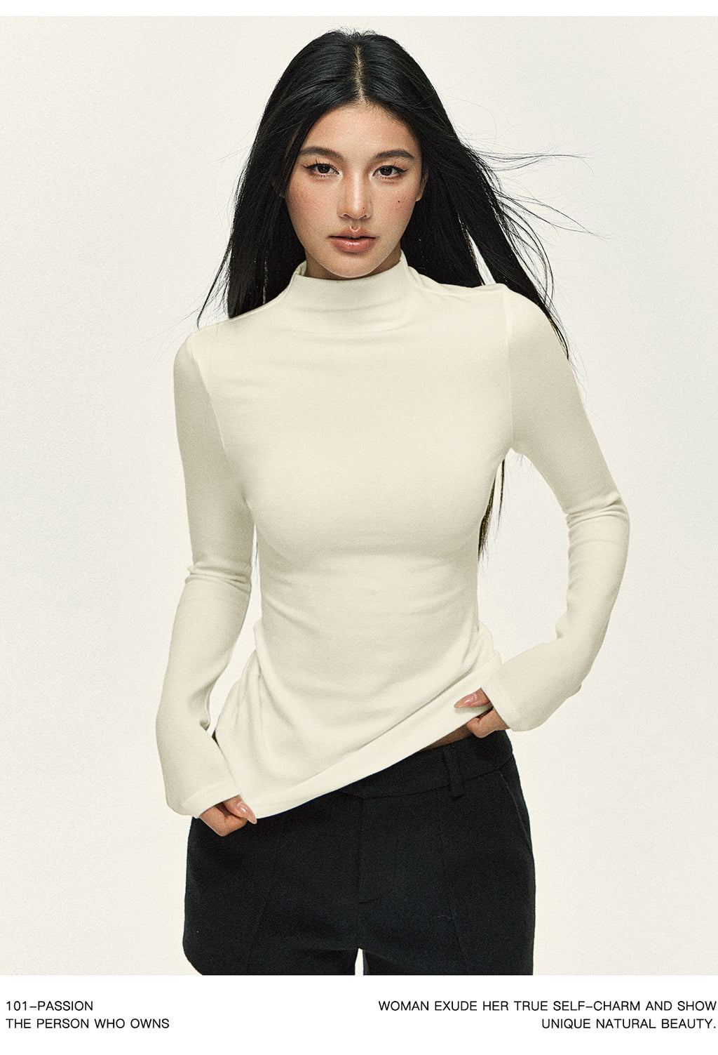 101PASSION Women's Tencel Wool High Neck T-Shirt, Fall/Winter, Solid Color, Slim Fit, Long Sleeves