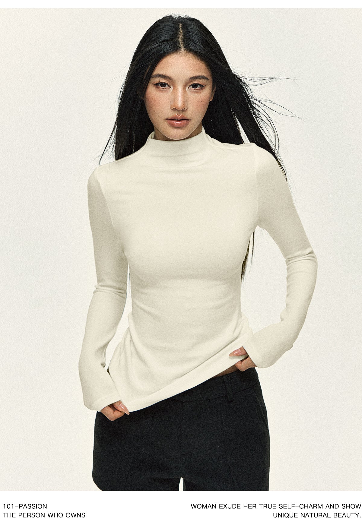 101PASSION Women's Tencel Wool High Neck T-Shirt, Fall/Winter, Solid Color, Slim Fit, Long Sleeves