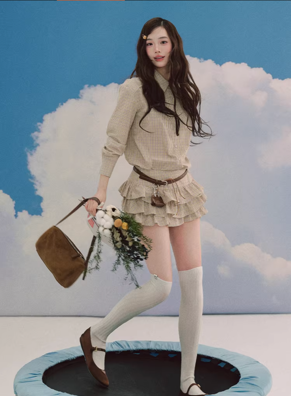 LaluneDuCiel Trendy retro style thick checkered shirt and puffy skirt set for schoolgirls