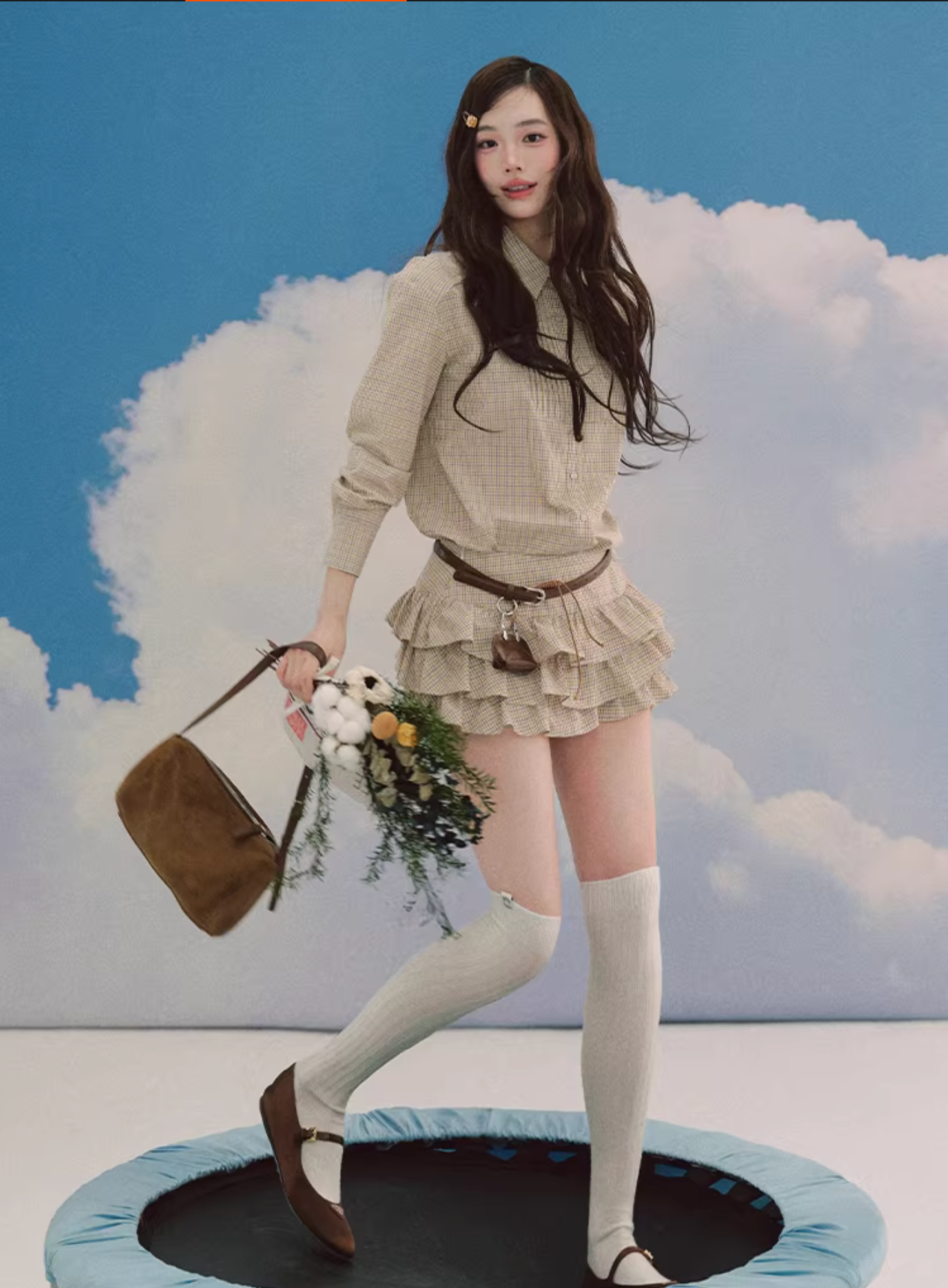 LaluneDuCiel Trendy retro style thick checkered shirt and puffy skirt set for schoolgirls