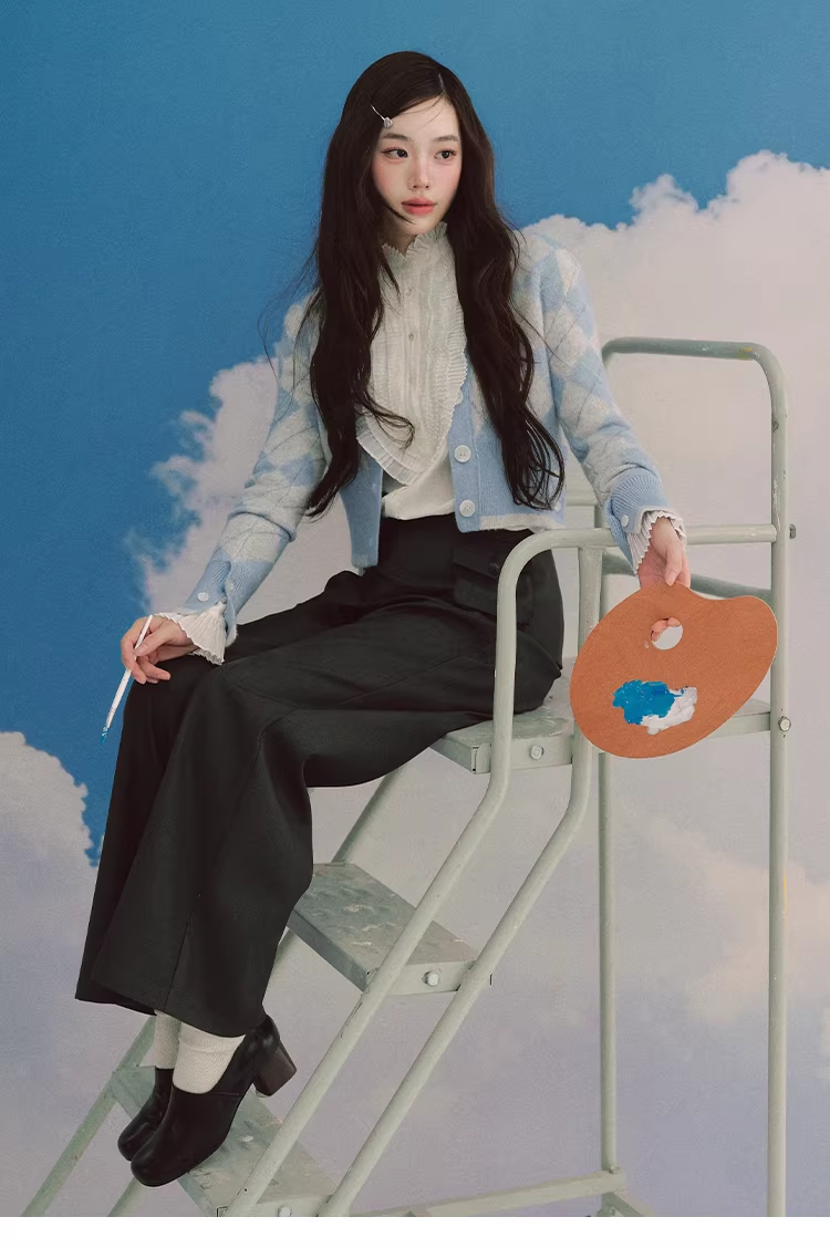 LaluneDuCiel Women's Loose-Fitting, Comfortable V-Neck Wool Cardigan with Diamond Pattern, Casual Style from the Advanced Intellectual Academy.