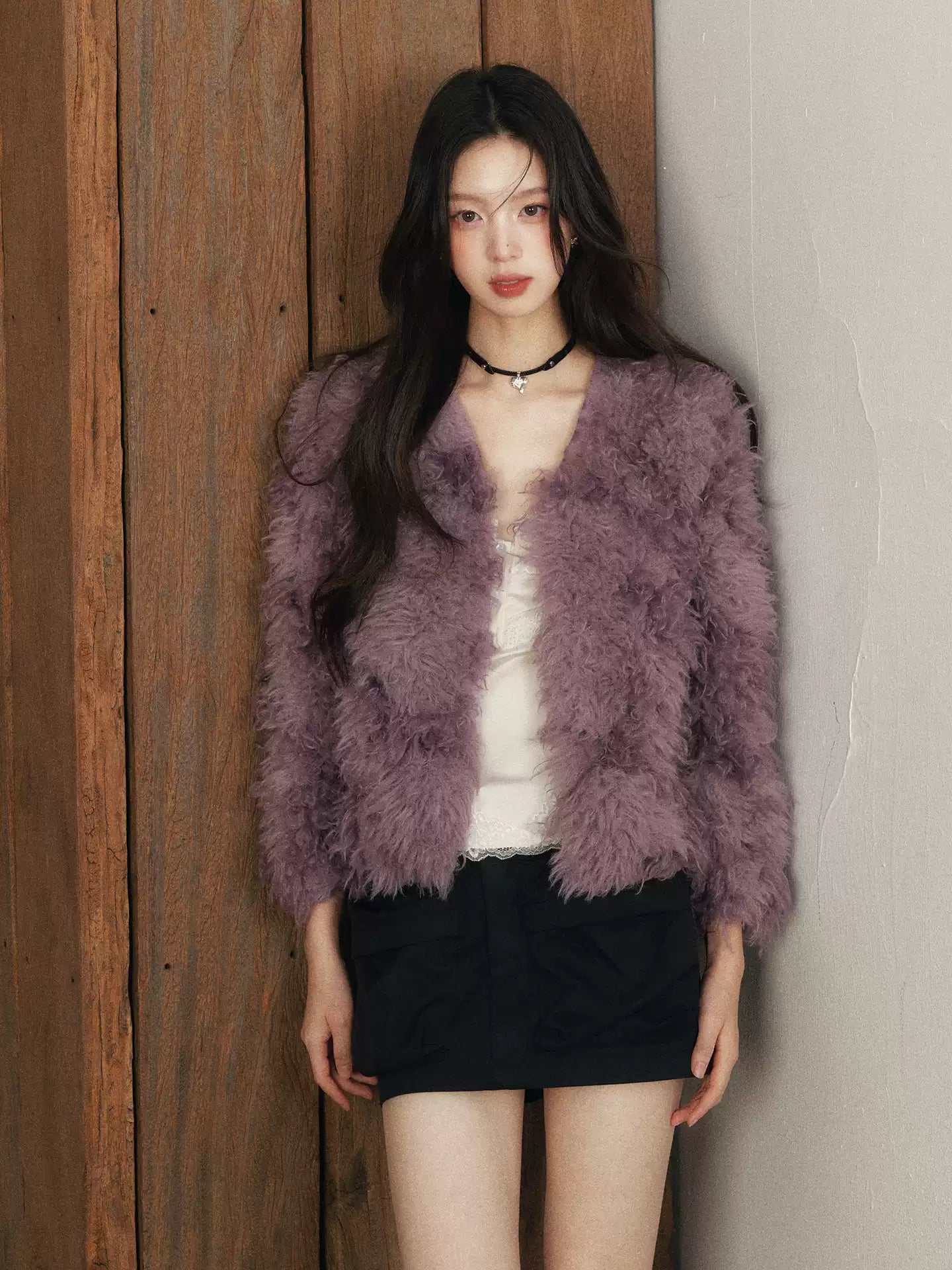 1PSTUDIO Women's Purple V-neck Faux Fur Coat, Warm Eco-Friendly Winter Short Fur Coat