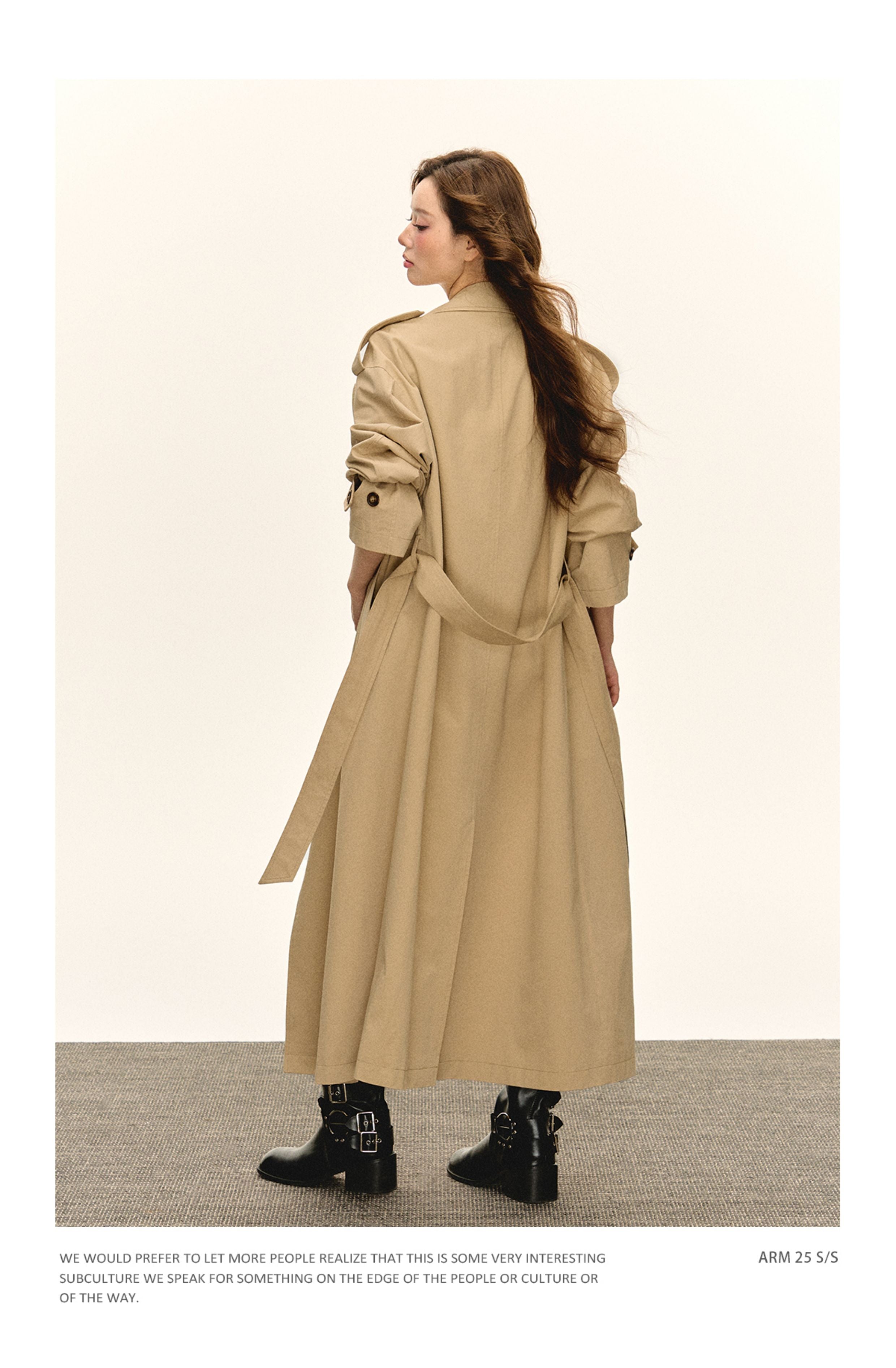Ariseism autumn women's classic double-breasted khaki-colored double-breasted medium-length windbreaker jacket
