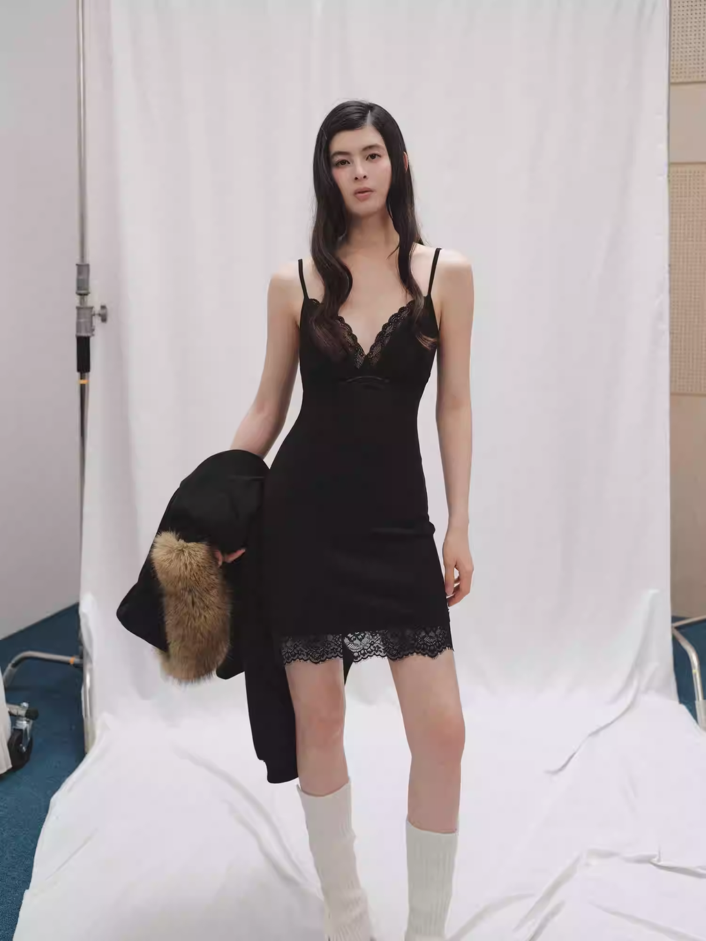 LaluneDuCiel Sexy French V-neck slip dress for women, lace trim, perfect for layering in winter, short, tight fit.