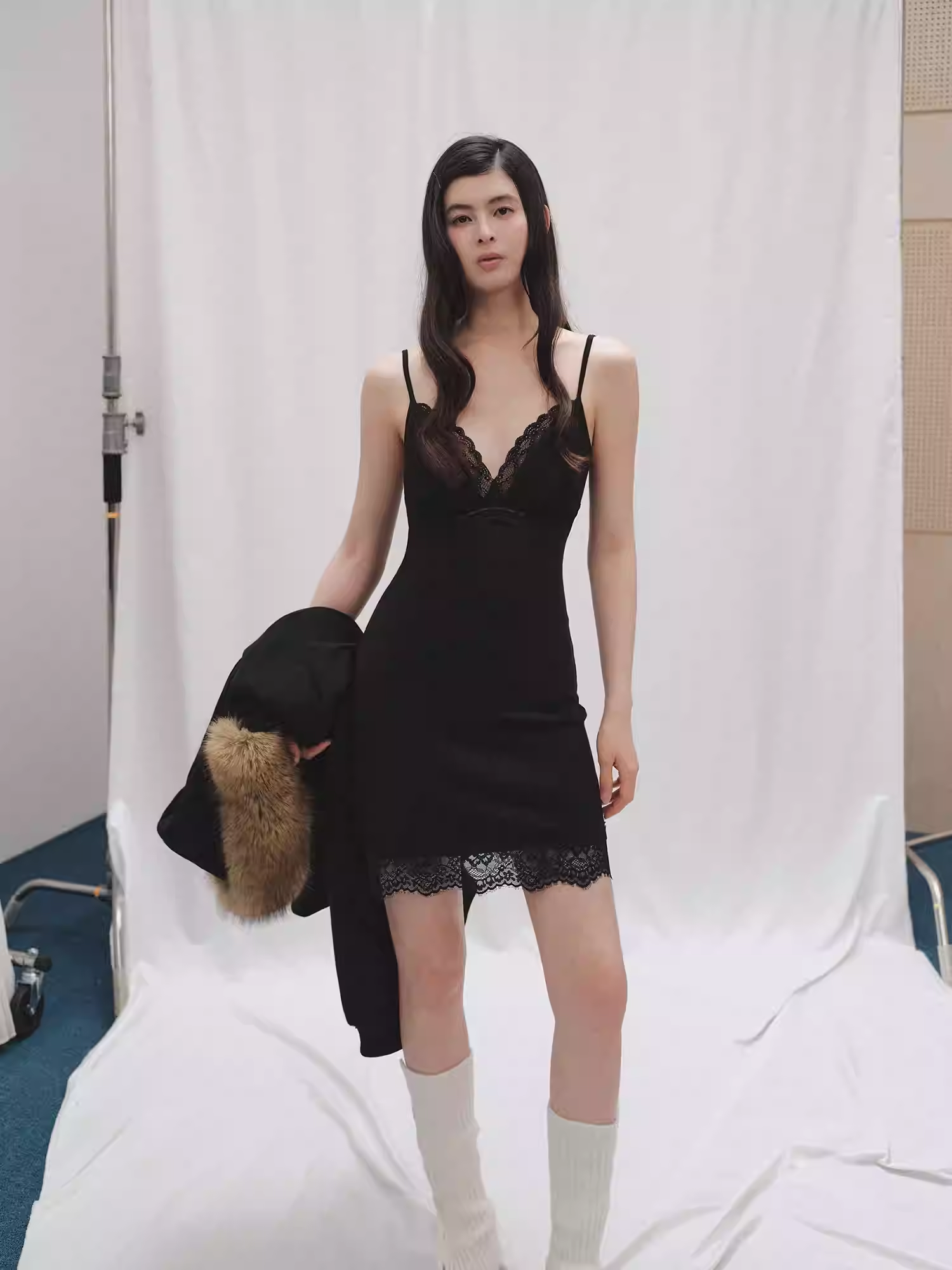 LaluneDuCiel Sexy French V-neck slip dress for women, lace trim, perfect for layering in winter, short, tight fit.