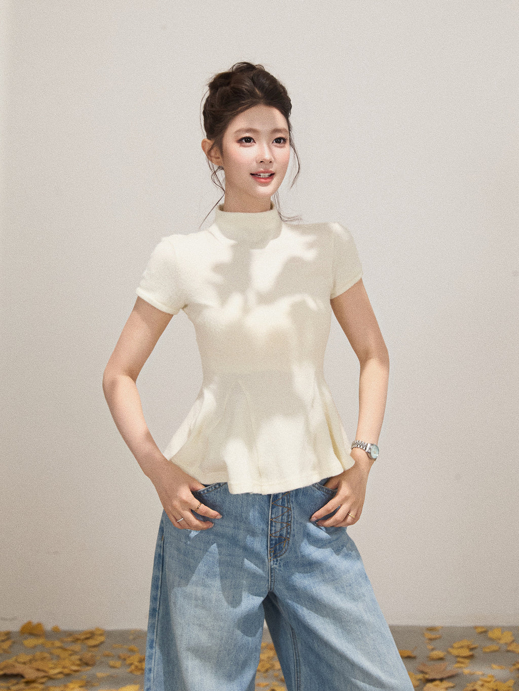 THEROUS Xie Burou レディース エレガント プリーツ ハイネック 半袖 ニット Tシャツ 無地 カジュアル スリムウエスト 初秋ファッション (セール)